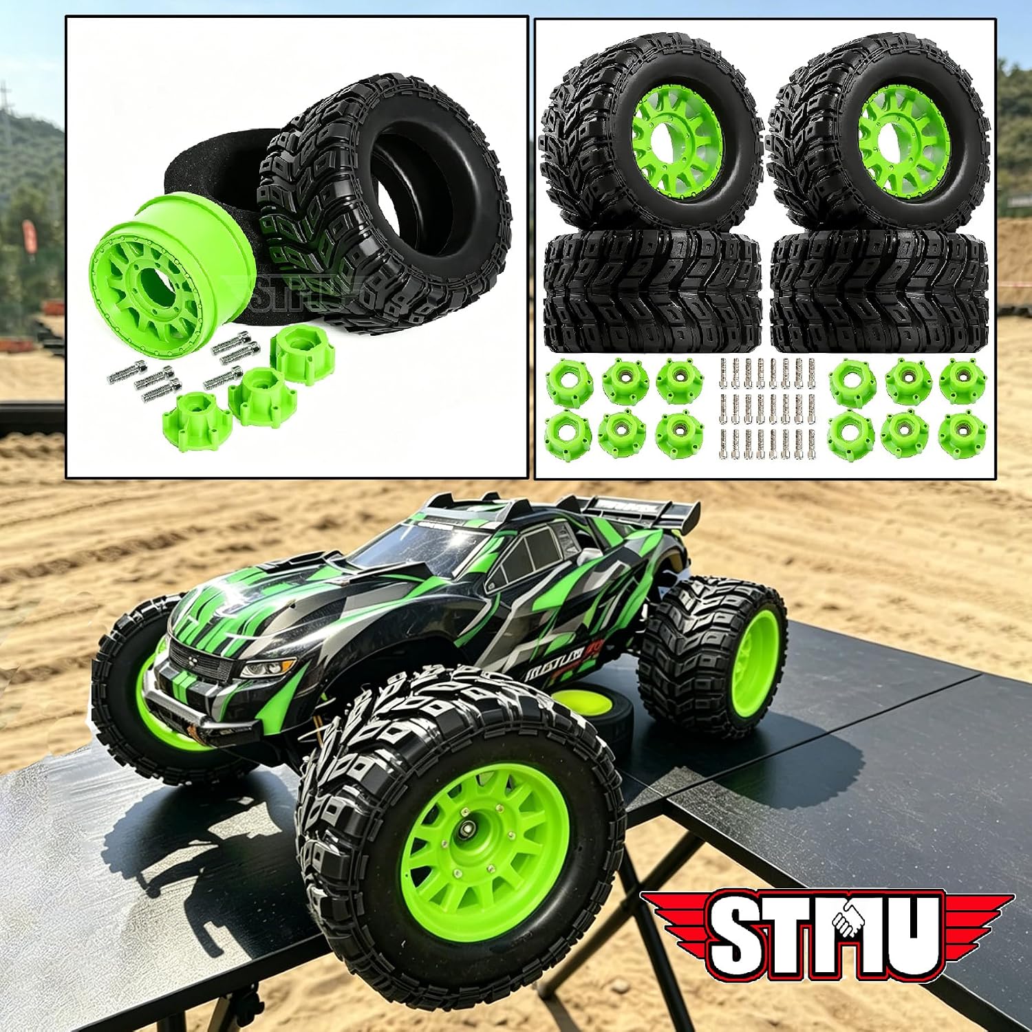 STMU 1/10 RC Wheels and Truck Tires 12mm/14mm/17mm Hex for 1/10 Rock Granite Vortek/Stampede Rustler Hoss/L0s1 Rc 4wd,RC Monster Truck Car Wheel 4Pcs (Green)