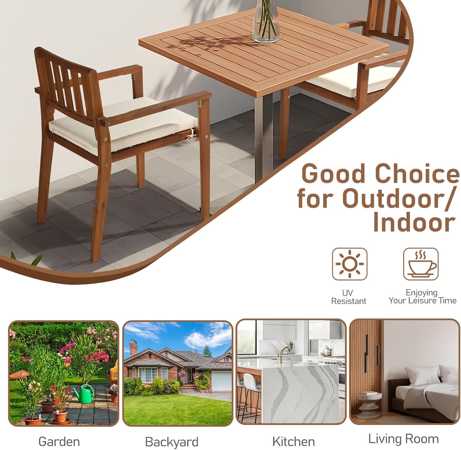 Outvita Stackable Patio Dining Chairs Set of 4, Durable Acacia Wood Outdoor Chairs with Removeable Cushions and Comfortable Armrests for Porch, Backyard, Garden, Indoor