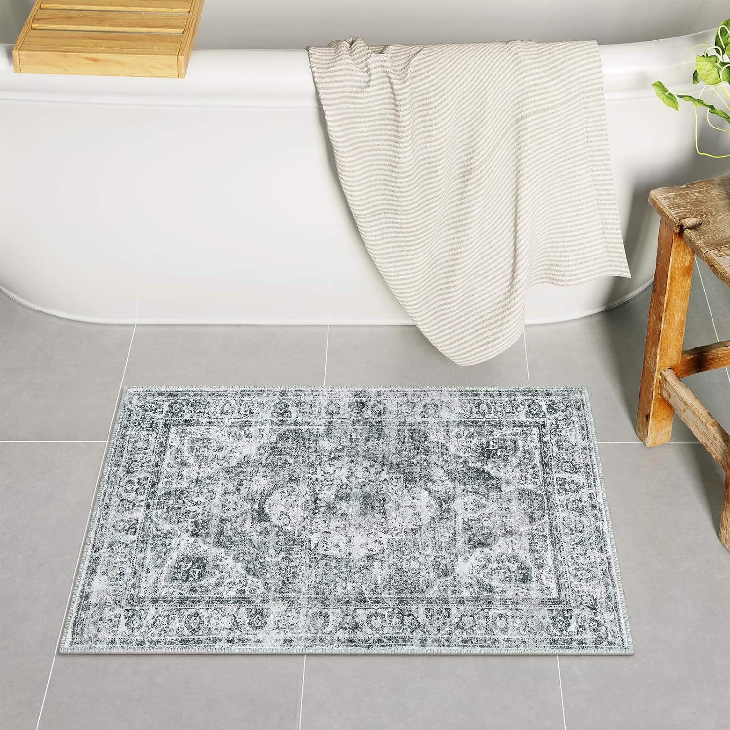 Uphome Gray Bath Mat, Distressed Farmhouse Boho Bathroom Rugs, Super Cozy Velvet Small Bathroom Mats, Non Slip Machine Washable Bathroom Floor Mat for Toilet Sink Shower, 18x26 inch