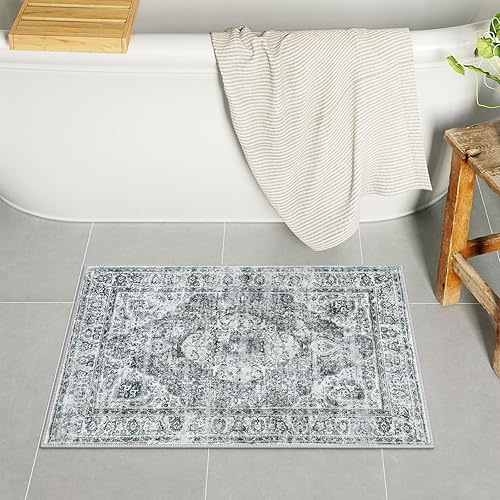 Uphome Tapete de baño gris, estilo bohemio y desgastado, tapete de baño pequeño de terciopelo súper acogedor, antideslizante, lavable a máquina,