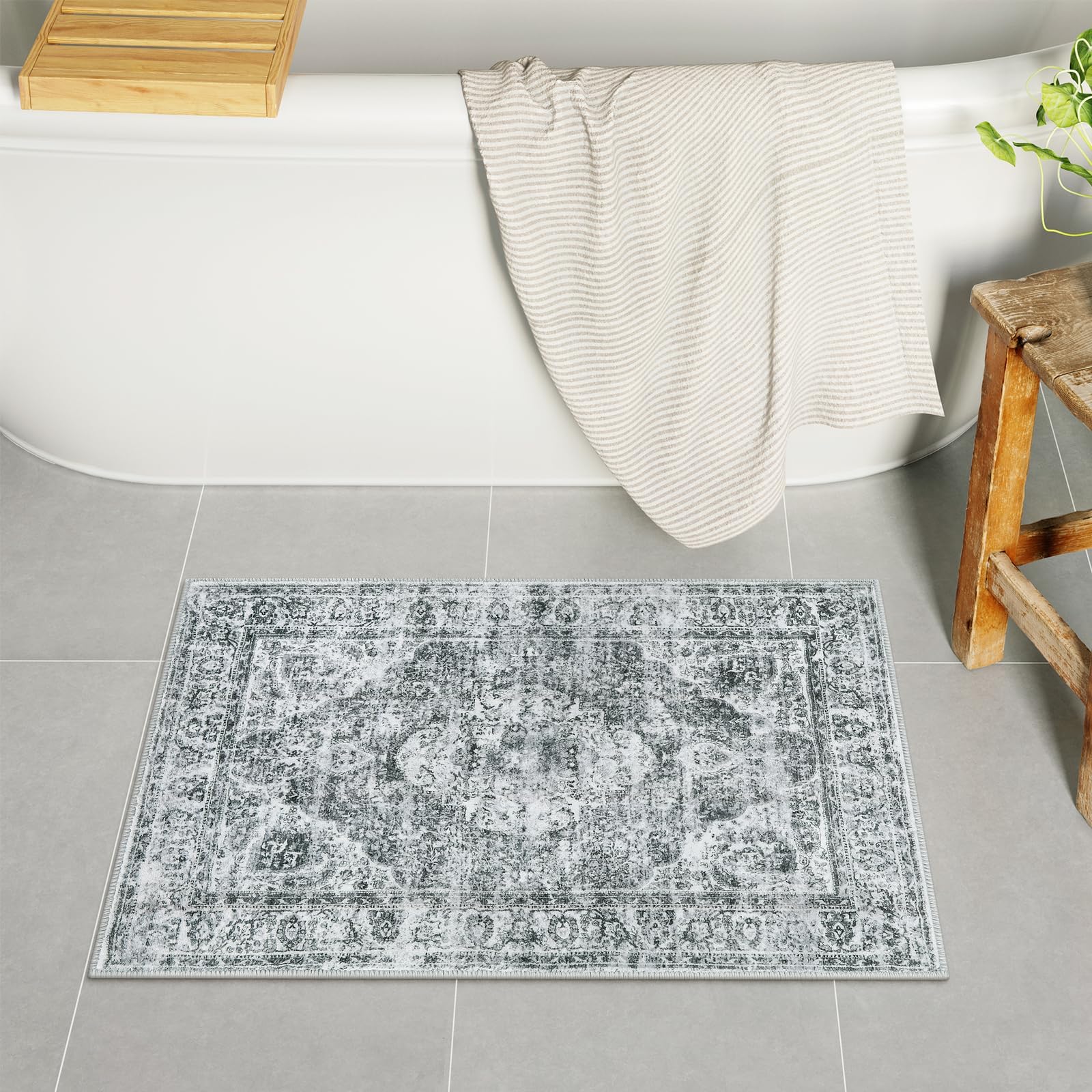 Photo 1 of Uphome Gray Bath Mat, Distressed Farmhouse Boho Bathroom Rugs, Super Cozy Velvet Small Bathroom Mats, Non Slip Machine Washable Bathroom Floor Mat for Toilet Sink Shower, 18x26 inch