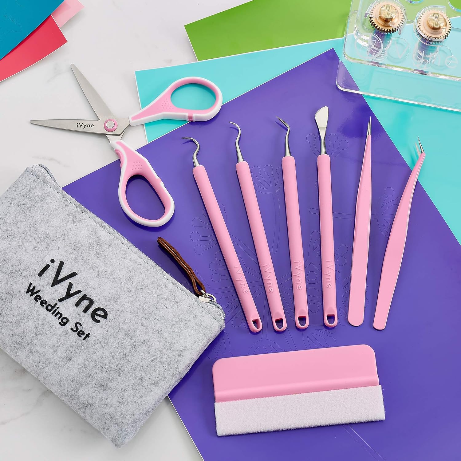 Vinyl Suctioned Weeding Scrap Collector Berry Pink + 8pc Soft Grip Vinyl Weeding Tools Pink by iVyne