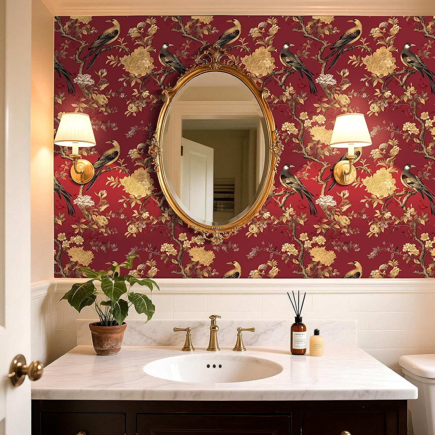 Stickyart Chinoiserie Bird Floral Peel and Stick Wallpaper Luxury Burgundy Gold Floral Bird Wallpaper Self Adhesive Retro Chinoiserie Birds Peony Contact Paper for Bedroom Dining Room 17.5"x276"