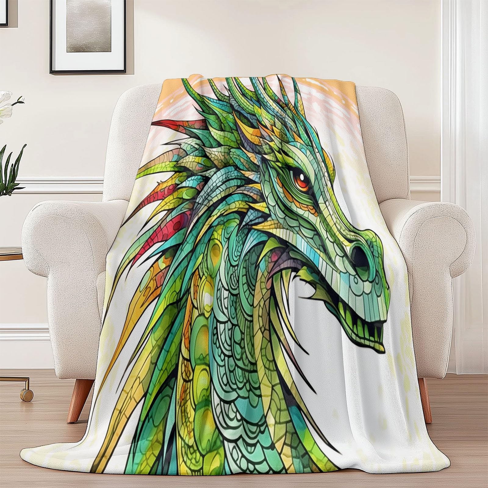 Zielony koc polarowy 200 x 220 cm, koc dziecięcy – fantazyjna głowa smoka, wzór linii, puszysty, flanelowy koc na jesień i zimę, ciepły, super miękki koc polarowy Sherpa na sofę, łóżko, krzesło