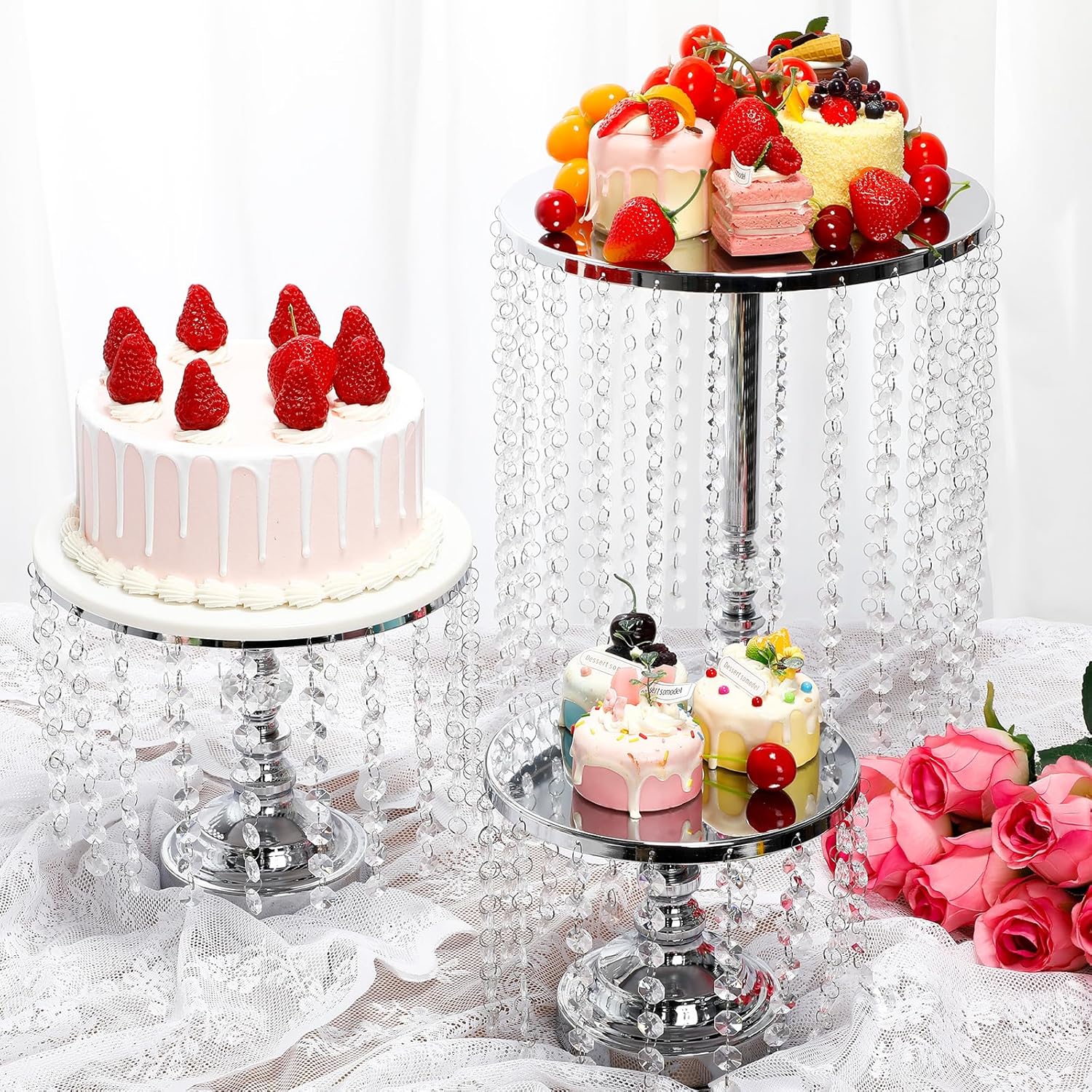 Bokon 6 Pcs Crystal Cake Stand Round Dessert Cupcake Holder Metal Stand Table Cake Pedestal with Crystal Pendant Wedding Bead Dessert Cupcake Pastry Display Plate for Wedding Birthday Party (Silver)
