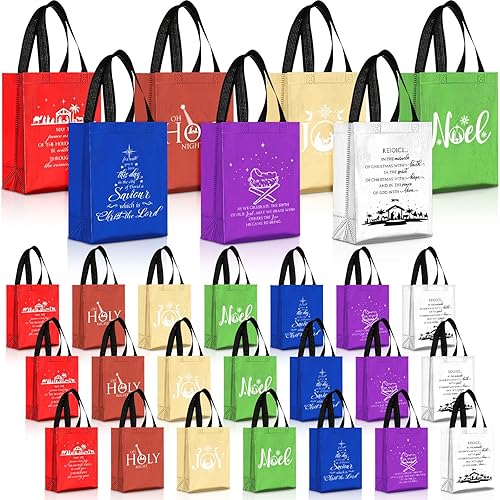 Miniatura 8 de Abbylike Bolsas de regalo de Navidad con asa, bolsas de regalo de belén, tamaño mediano, 7 colores, bolsa de bautismo religioso, bolsas de compras