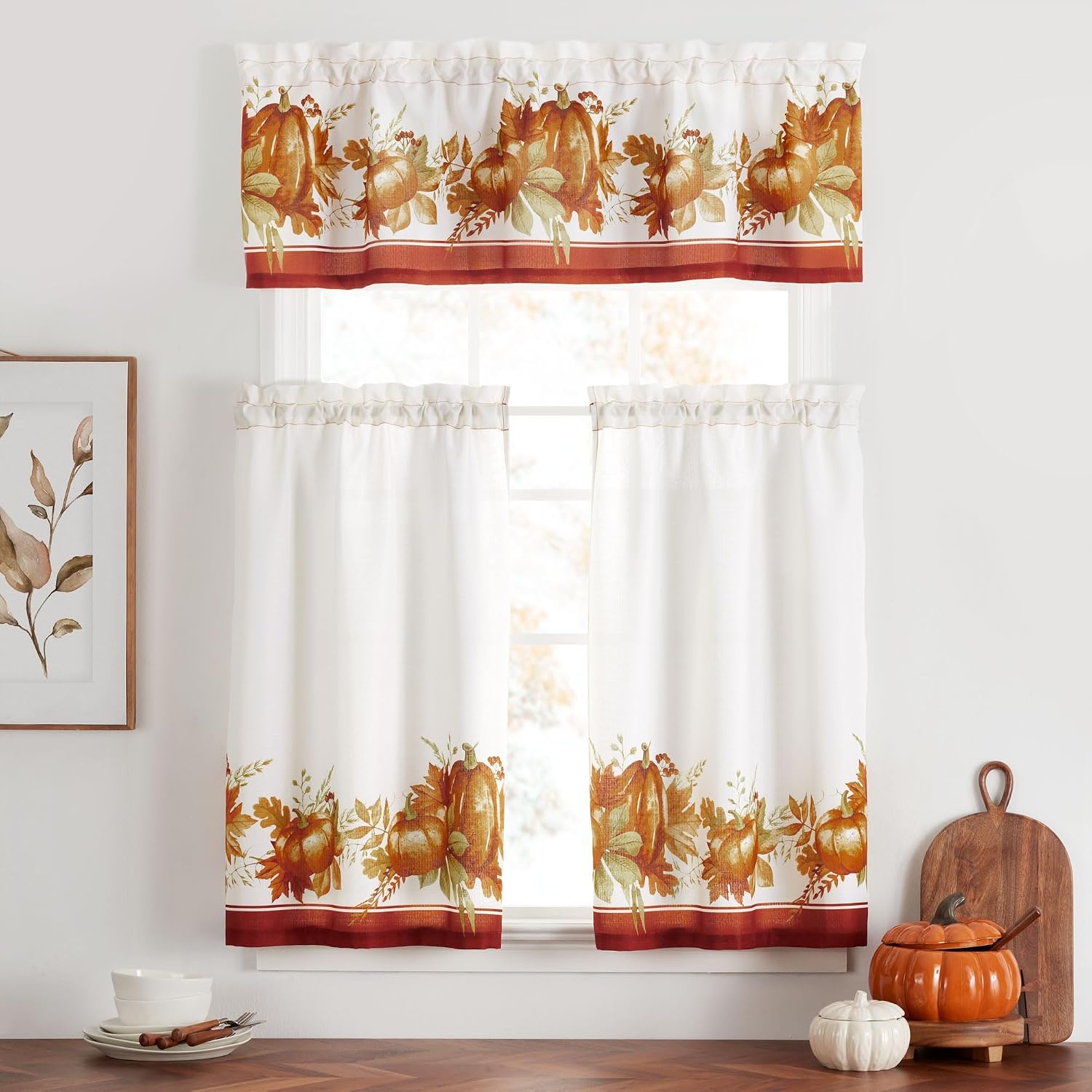 Autumn Pumpkin Grove Fall Tier Set and Valance, Multicolor - 60" W x 36" L