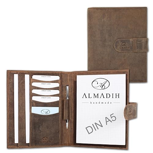 ALMADIH Leather A5 Writing Case Premium Cow Leather brown vintage – Writing Pad Personal Organiser Conference Folder System Planner Portfolio Folio Workbook Datebook Schedule Diary Organizer Sleeve Document CV