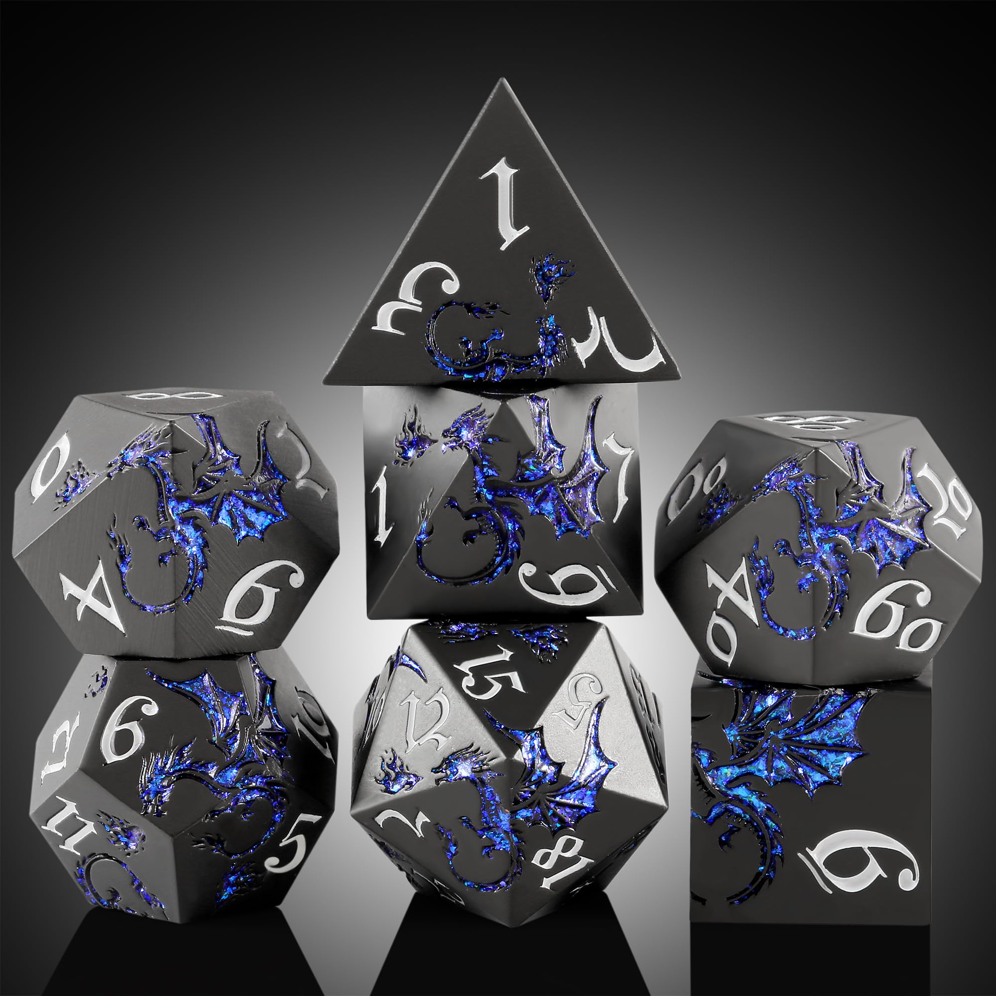 DNDND Metal DND Dice, 7 PCS Metallic D&D Dice Set with Random Color Gift Case for Dungeons & Dragons, Tabletop Games (Glitter Blue with Black)