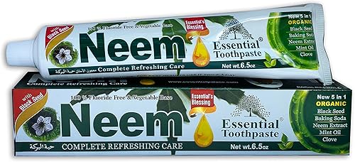 Essential Palace Neem Pasta de dientes esencial 5 en 1 sin flúor [Paquete de 6, color blanco, 6.5 onzas]