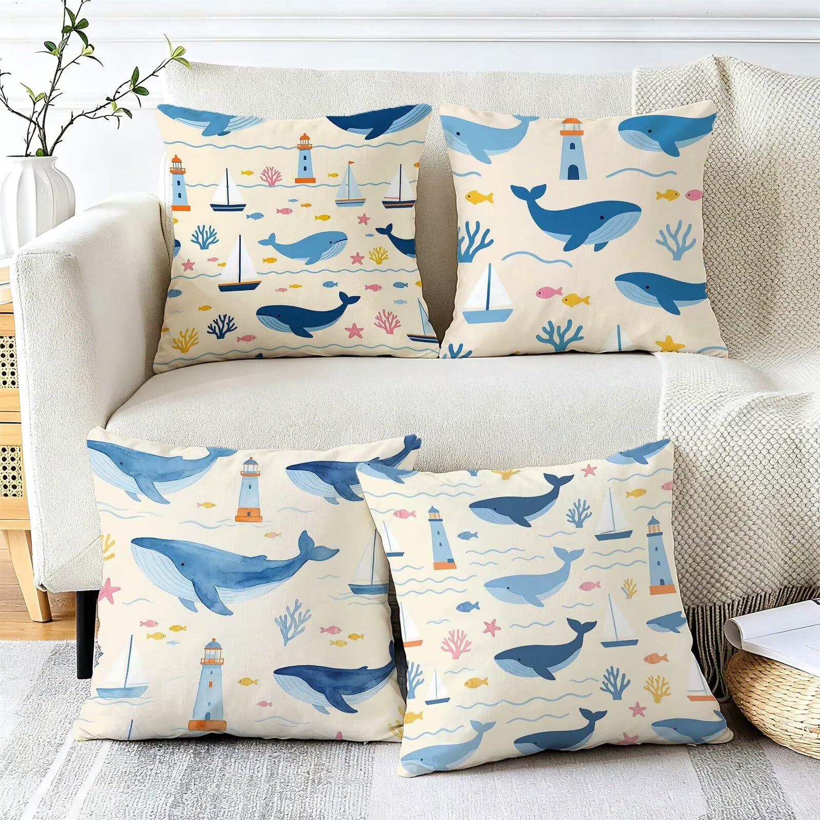 Blu Federe Cuscini Divano 50x50cm, Cuscini da Esterno Set de 4, Cod-137 | Lin Copricuscini Decorativi Letto Arredo, per Letto, Soggiorno, Giardino, Esterno, Casa Decorazione Set di 4 Animale
