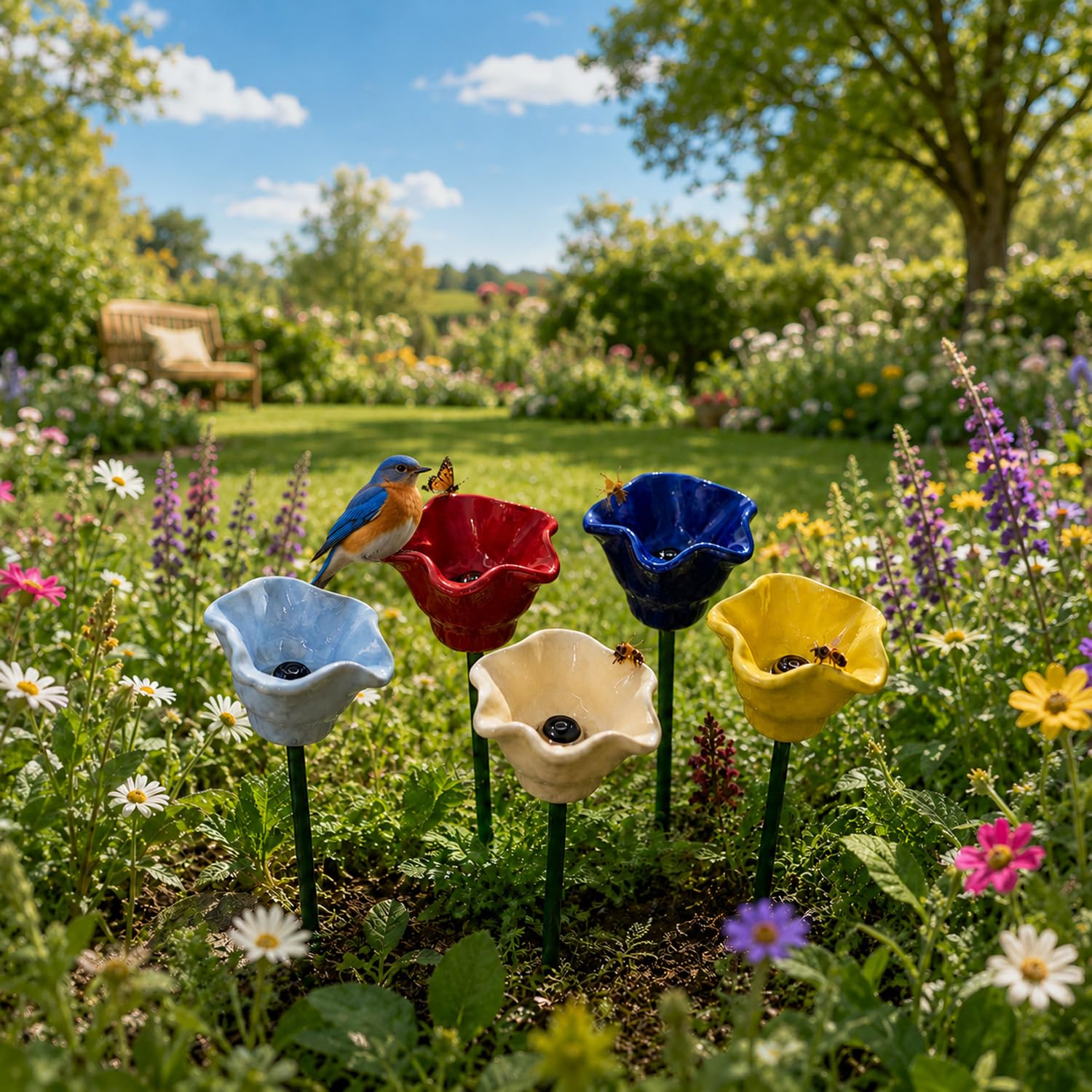 Ceramic Flower Pollinator Water Feeders, Outdoor Garden Stakes for Bees, Butterflies and Hummingbirds, Weather-Resistant Garden Decor for Pollinators (D) โ image 1