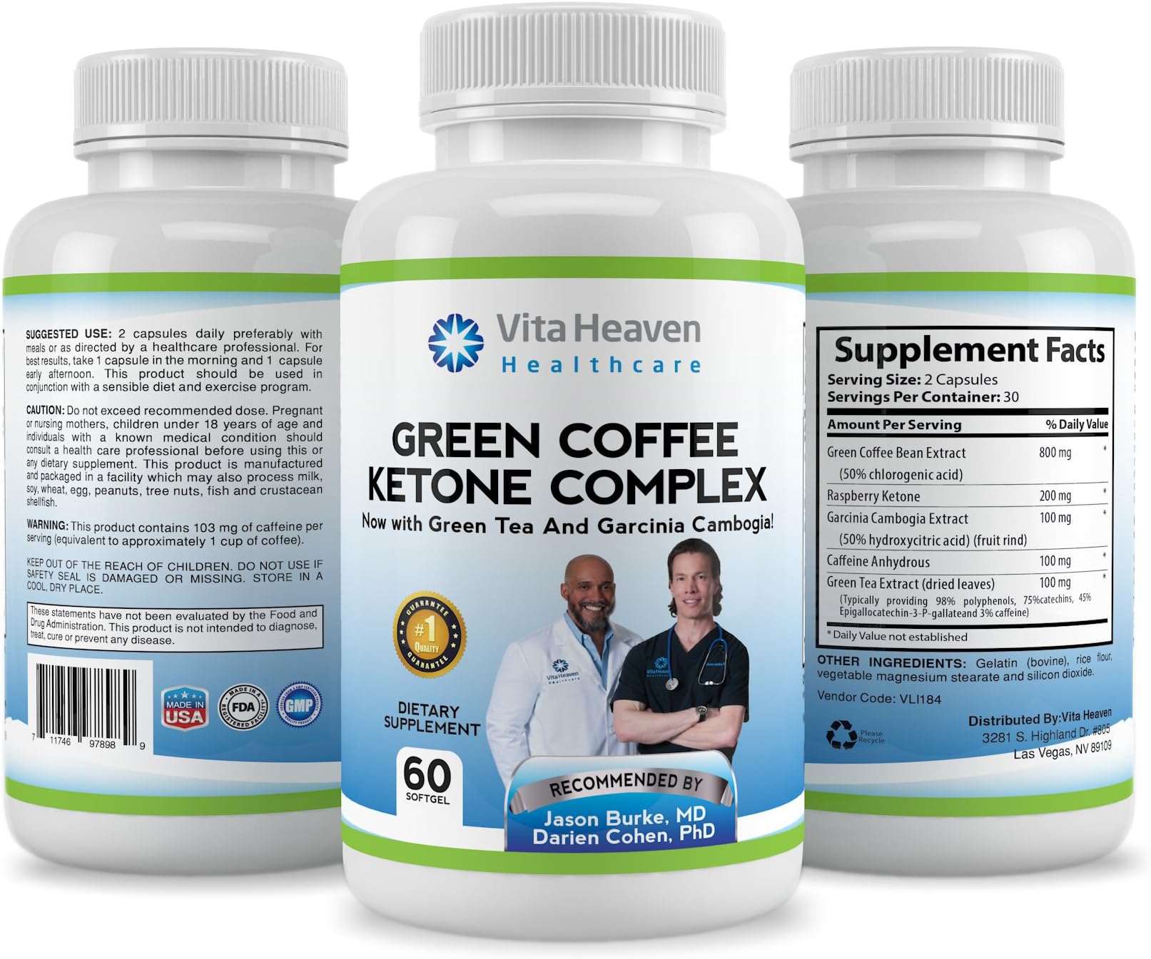 Vita Heaven Weight Loss and Fat Burning Supplement with Garcinia Cambogia, Green Coffee Bean, Raspberry Ketones and Green Tea Extract, 60 Count