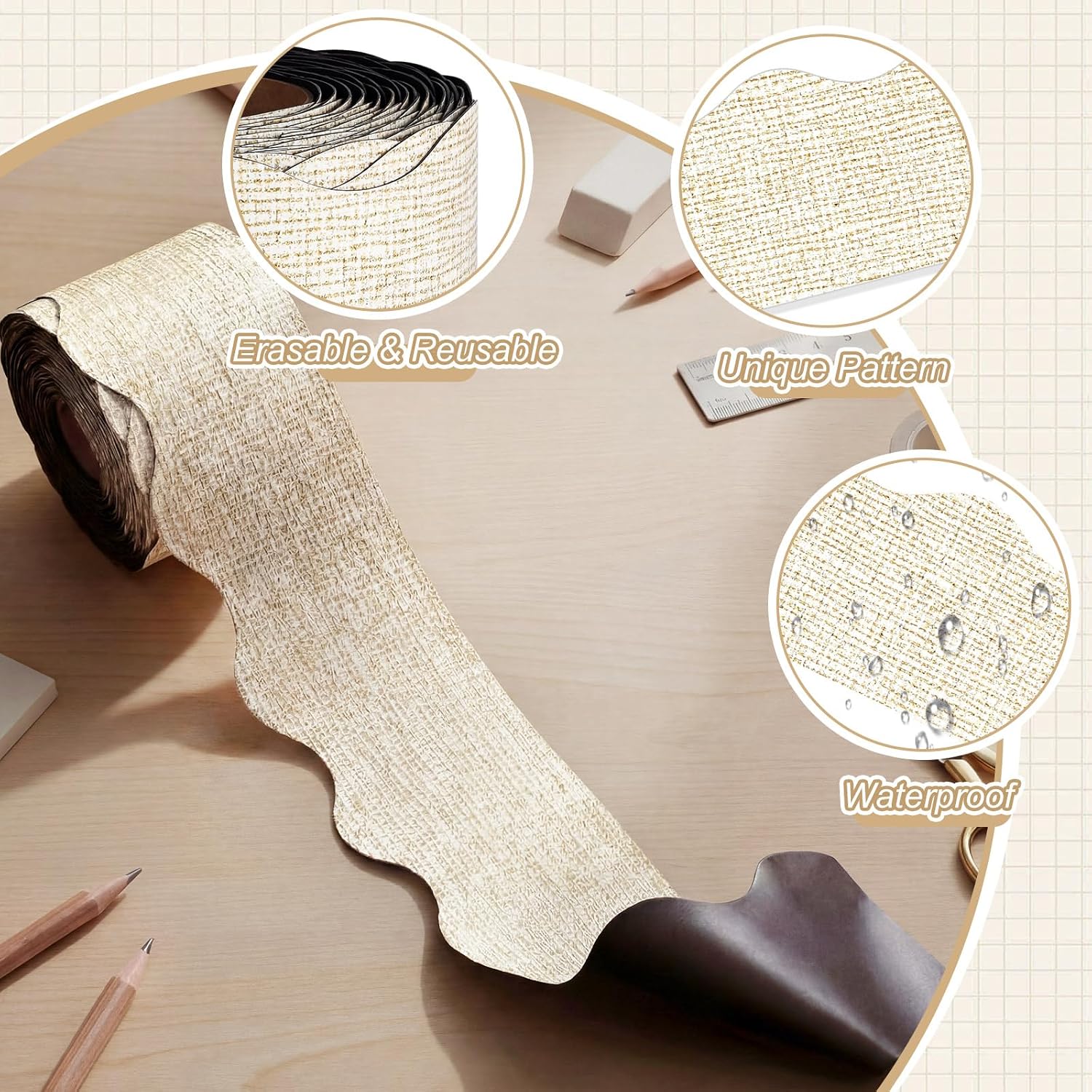 Tenceur Magnetic Borders for Classroom Bulletin Board Decoration, 48 ft x 2.76 Inch Beige Linen Magnetic Whiteboard Border Strips for Classroom Office Chalkboard Poster Board Decor