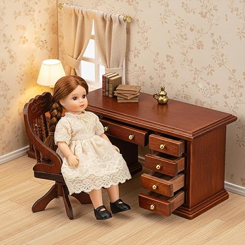 Miniatura 4 de Miniature Dollhouse Office Desk Chair 112 Scale Miniature Wooden Writing Table Desk & Chair Furniture Accessories Mini Doll Retro Set