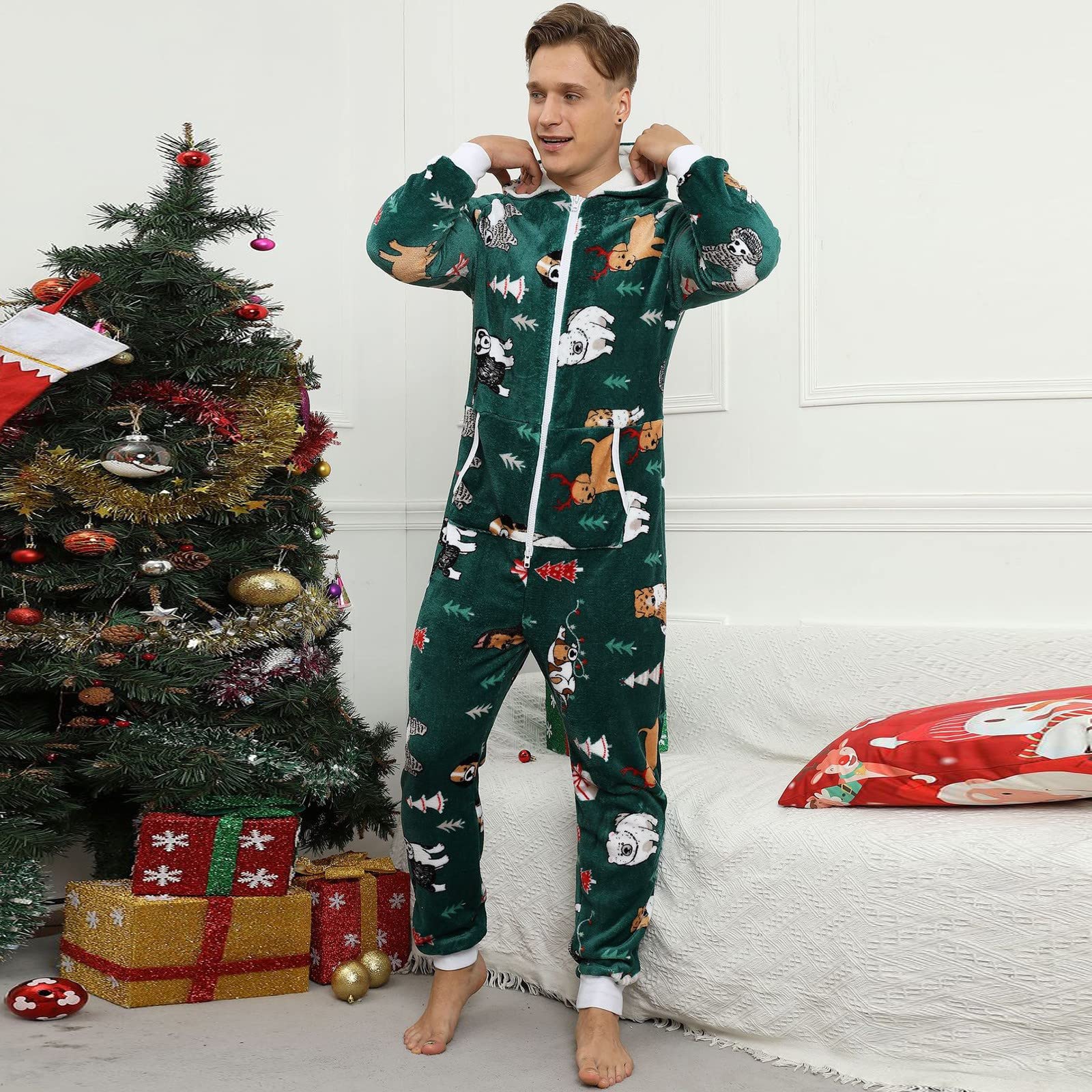 Mono para hombre cálido pijama de Navidad mono con capucha largo de forro polar de una pieza para hombre acogedor y mullido, pijama de felpa
