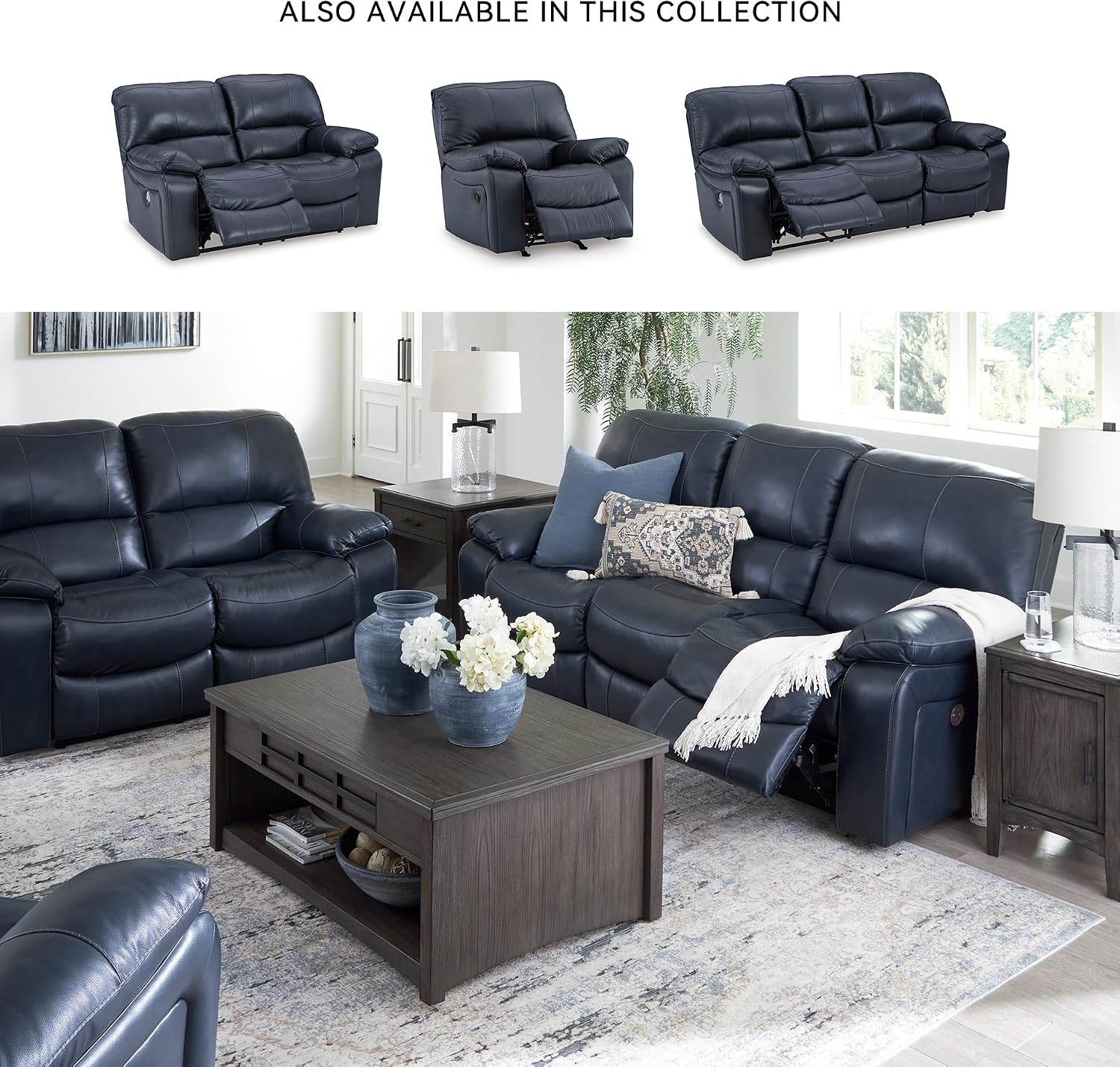 Bowery Hill Contemporary Power Reclining Loveseat, 65"W x 41"D x 41"H, Leather and Faux Leather Upholstery, Ocean Blue Finish, Adjustable Positions, USB Port, Foam Cushions, Modern Living Room Seating