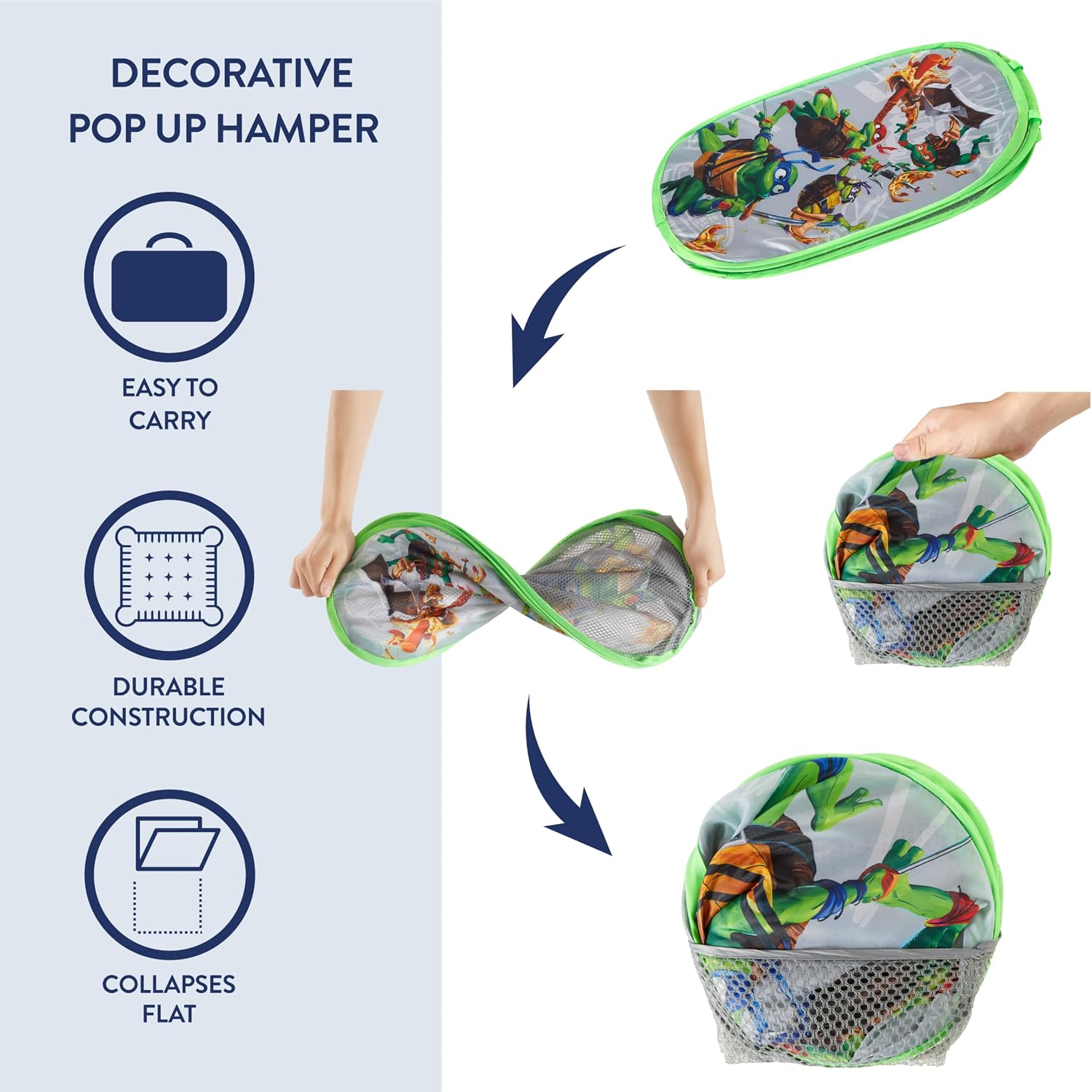 Teenage Mutant Ninja Turtles: Mutant Mayhem Pop-Up Hamper with Durable Handles, Kids Laundry & Room Storage Organizer, 21”H x 13.5”W x 13.5”L
