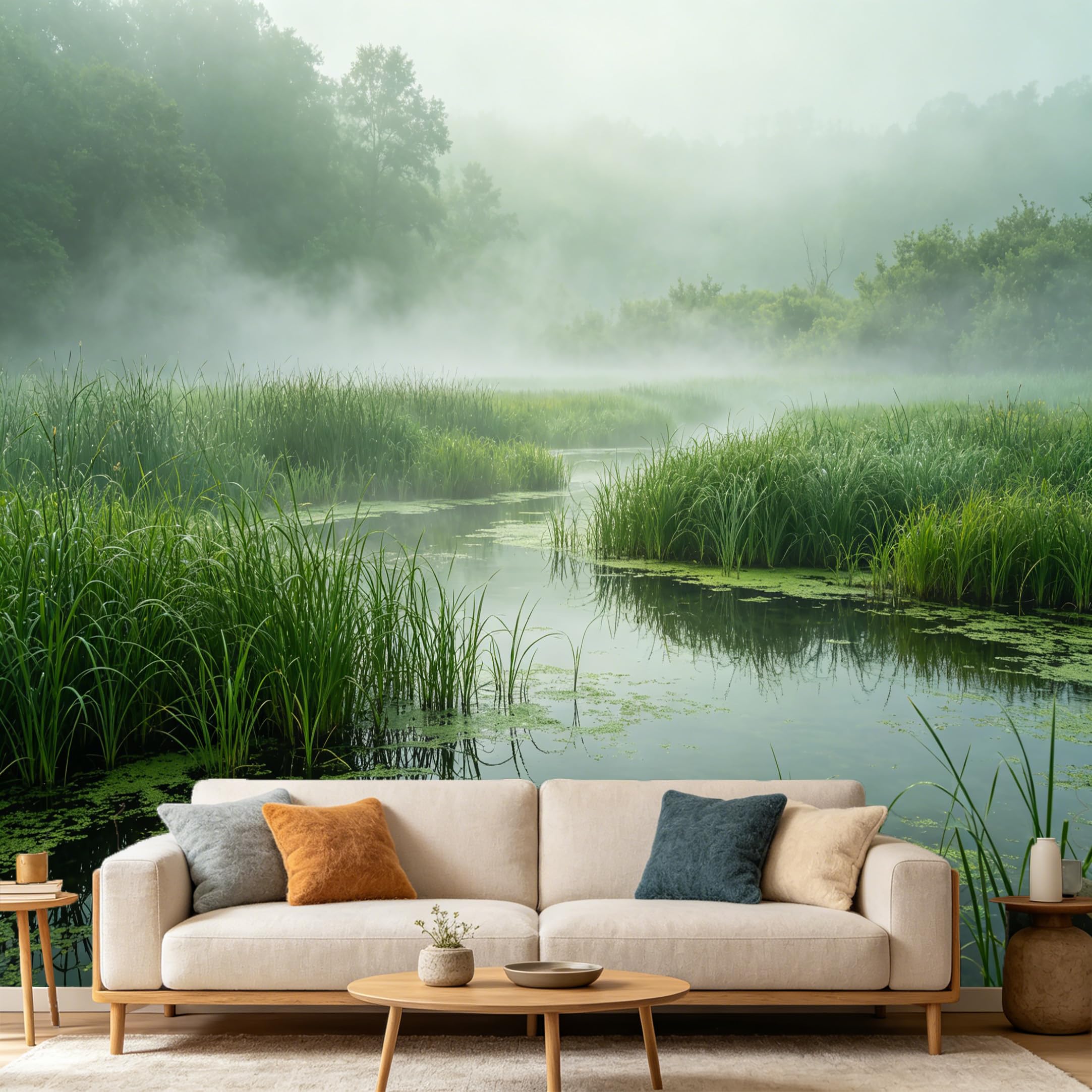 Custom Size Wall Mural Misty Forest Lake Landscape Peaceful River Nature Scenic SelfAdhesive Art Prints wall Fabric（No PVC） Removable Wallpaper Home Bedroom Decor