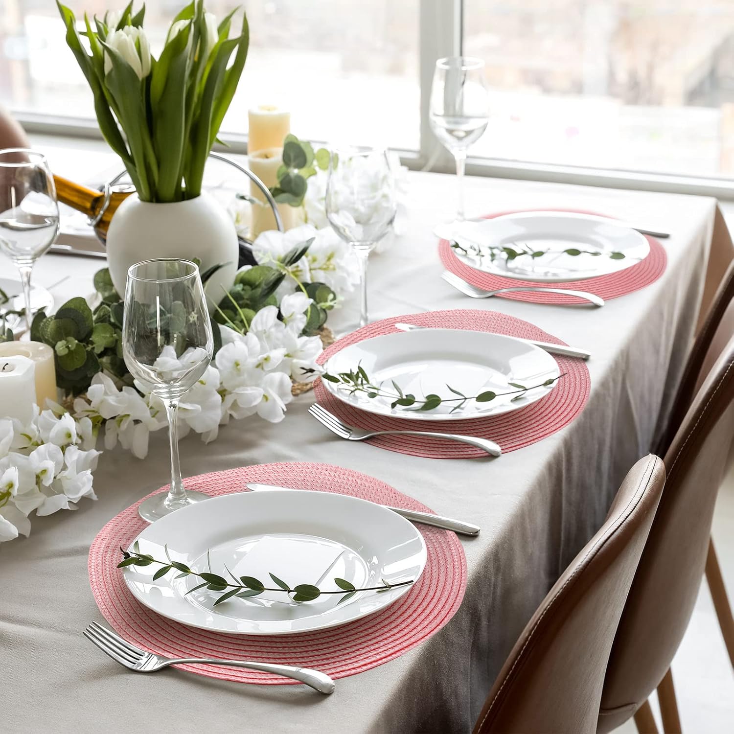 Buryeah 24 Pieces 13 Inch Christmas Round Placemats Circle Woven Place Mats Boho Decor Dining Table Mats Table Scape Hosting Friends for Wedding Birthday Dinner Parties (Pink)