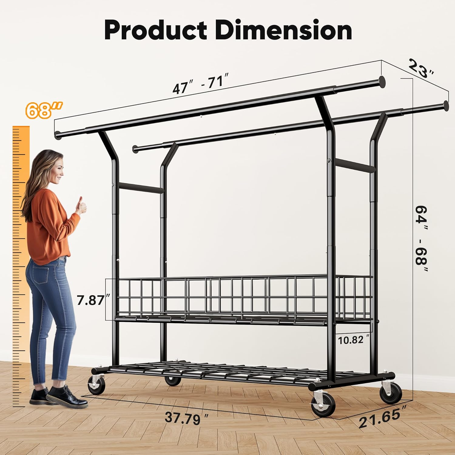 HOKEEPER Heavy Duty Clothes Rack Load 635 LBS, Clothing Rack for Hanging Clothes, Adjustable Black Double Rod with Metal Basket, Portable Rolling Garment Rack with Wheels for Bedroom, Laundry Room