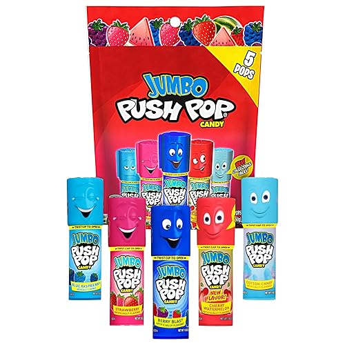 Push Pop Surtido de caramelos Jumbo Lollipop - Fresa, frambuesa azul, explosión de bayas, cereza y sandía, 5 unidades