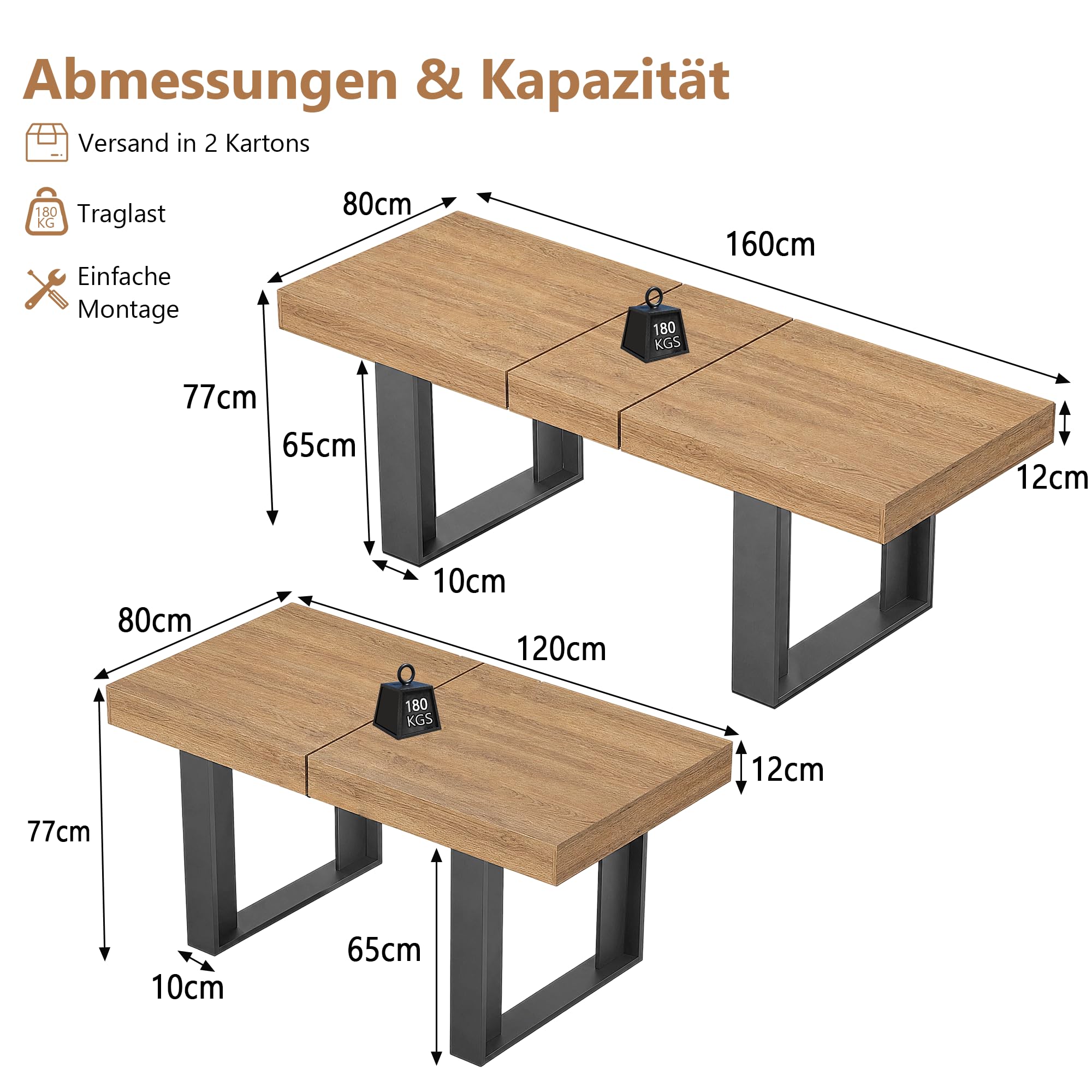 GRAVFORCE Esstisch ausziehbar 120-160cm Küchentisch für 4-6 Personen platzsparender Esszimmertisch Nussbaumfarben Holztisch Moderner Dining Table Hochfeste Großer Tisch für Wohnung Wohnzimmer