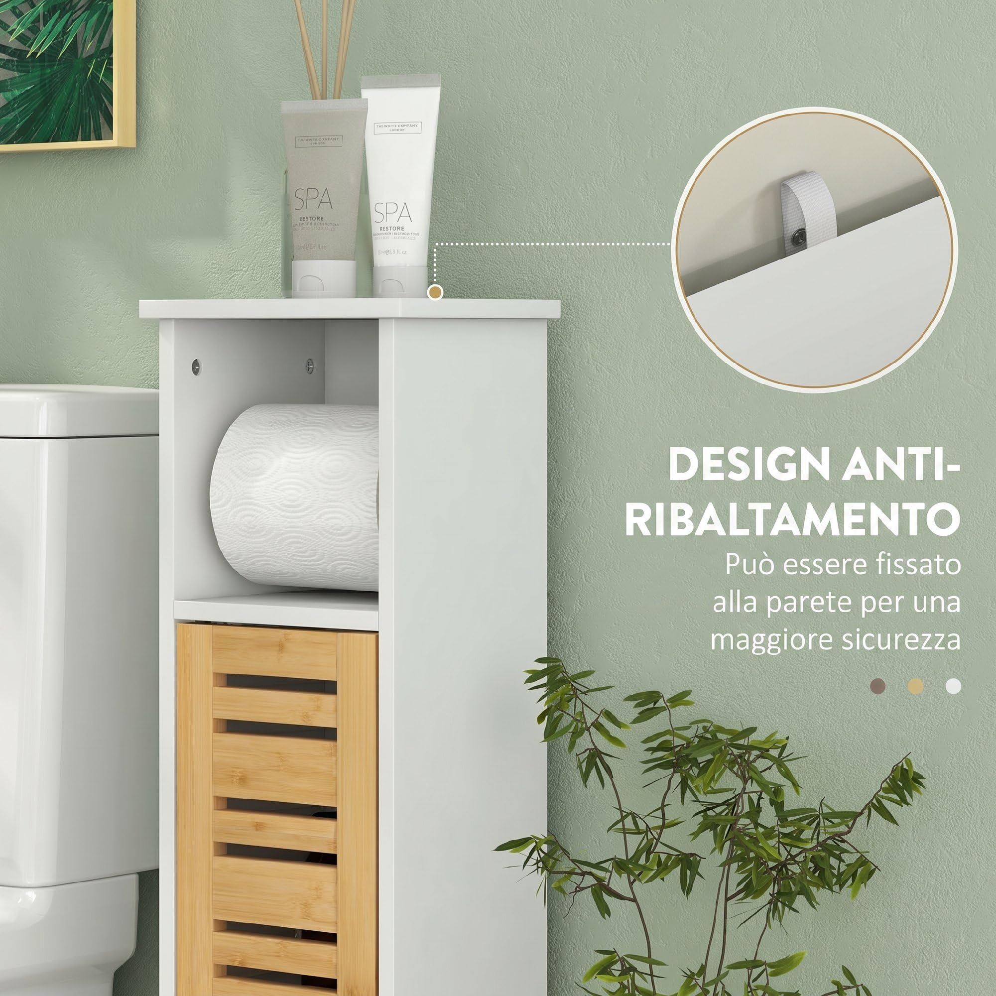 HOMCOM Mobile Bagno Slim con Ante in Bambù Salvaspazio 21x17x78 cm Bianco | Mobiletto Bagno Salvaspazio, Ripiani Regolabili, Porta Rotolo di Carta Igienica