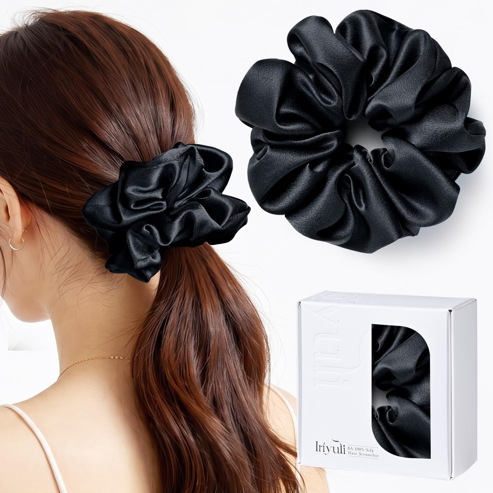 シルクシュシュ 30匁 6A級 5cm幅 ビッグシュシュ 美容師推奨 天然シルク100% ヘアゴム 髪に優しい 跡がつかない 華やか ボリューム 小顔効果 髪飾り 大人 おしゃれ 母の日 プレゼント ギフト (黒) - 1
