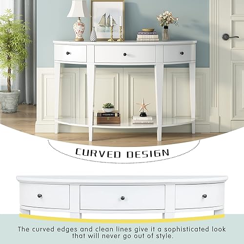 Miniatura 99 de Polibi Mesa consola curvada retro con estante de estilo abierto y 4 cajones superiores, mesa de entrada de media luna de 52 pulgadas de ancho con