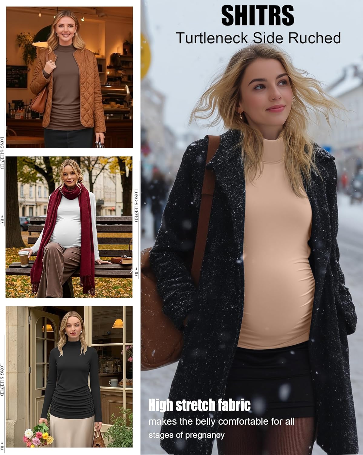 4 Pack Women's Maternity Shirts, Turtleneck Long Sleeve Pregnancy Tee Tops Side Ruched Mock Neck Maternity Clothes - Image 5