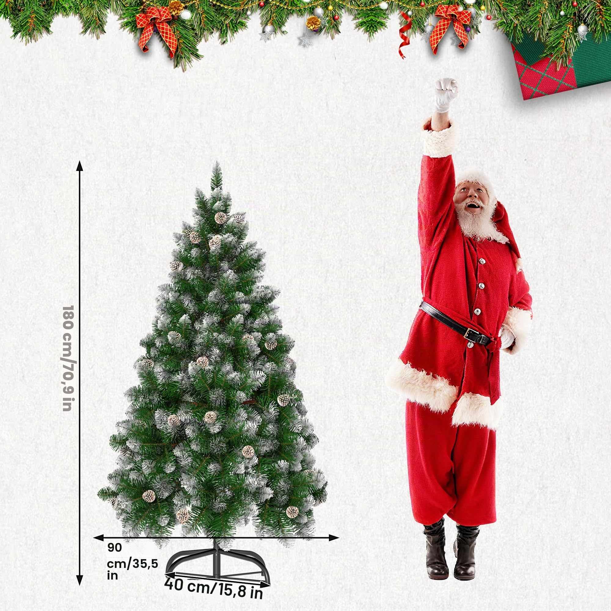 Froadp 180cm Árbol de Navidad Artificial con Soporte Estable y 500 Ramas de Simulación Tradicional para Navidad Decoración de Fiesta de Manualidades(PVC con Efecto Nieve)