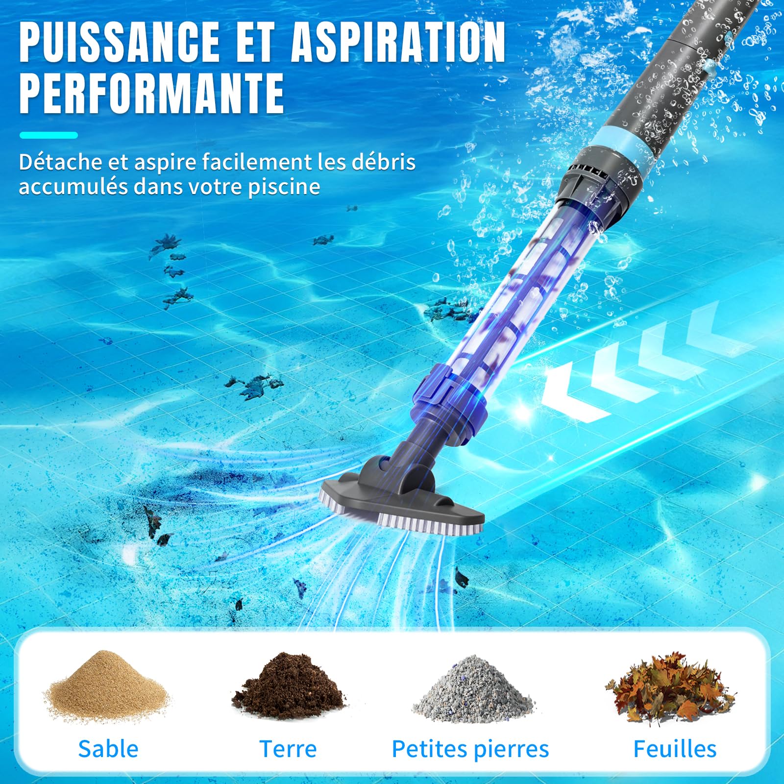 LEADZM Aspirateur Piscine Batterie sans Fil 4000mAh, Aspirateur Piscine Hors Sol pour Spa, 60 Min Autonomie, 260x18x9,5 cm (Bleu)