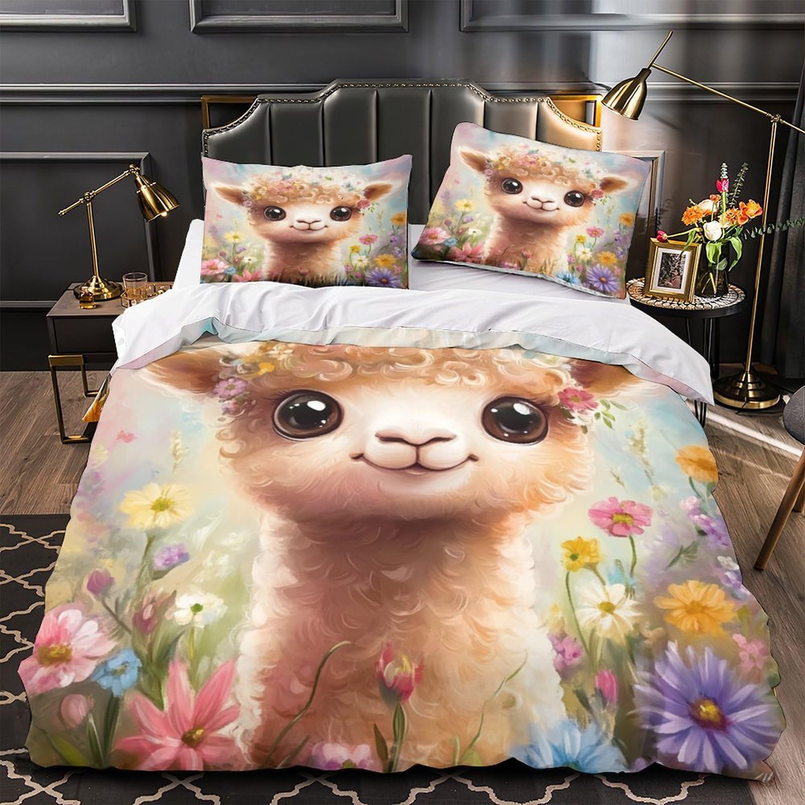 Housse de couette alpaga 3D King 220x240 cm en microfibre avec 2 taies d'oreiller