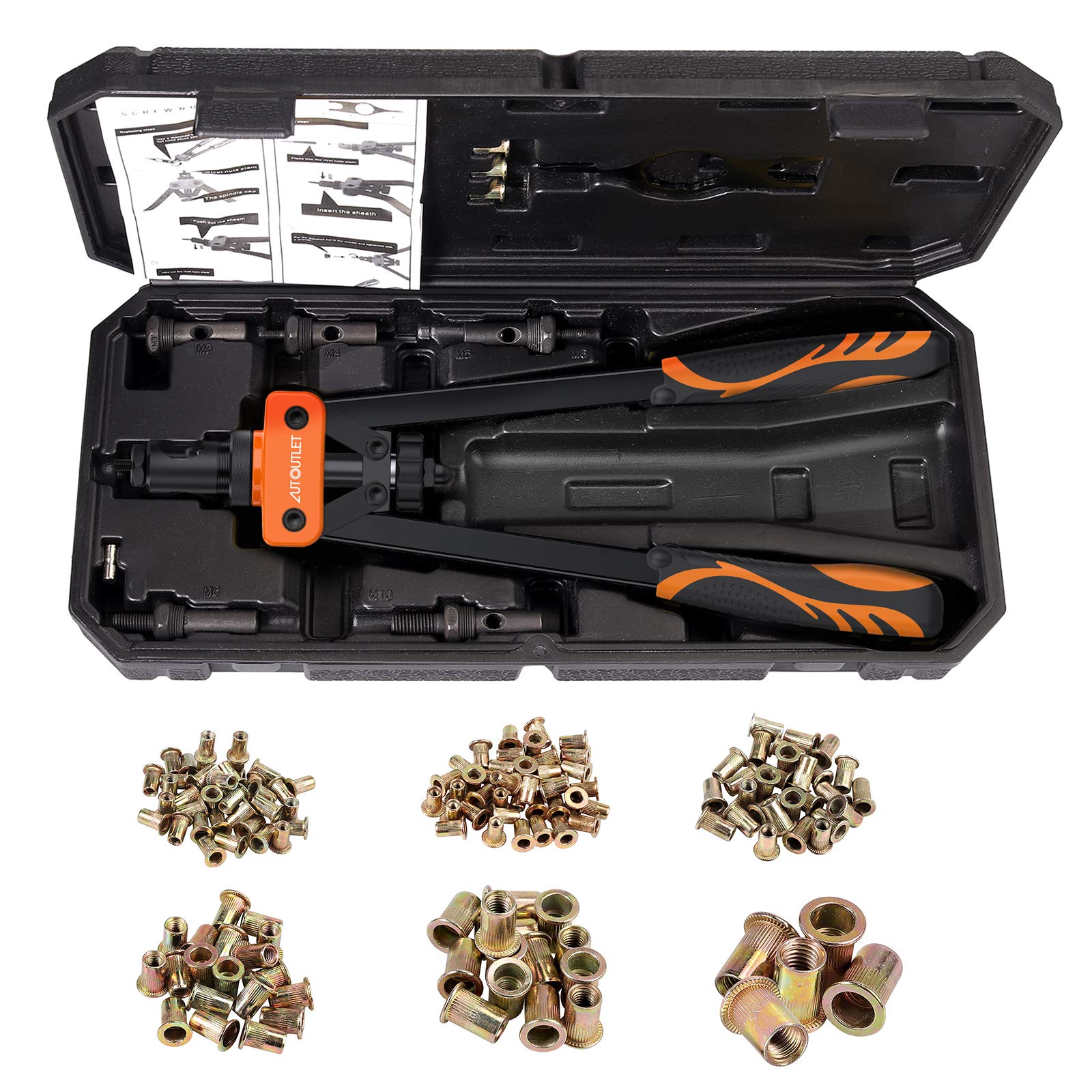 AUTOUTLET Remachadora de Tuercas, 14" Remachadora Profesional, con 150PCS Tuercas de Remache, 6 Mandriles Intercambiables M3 M4 M5 M6 M8 M10, Llave Incorporada, Herramientas de Remachado - Naranja