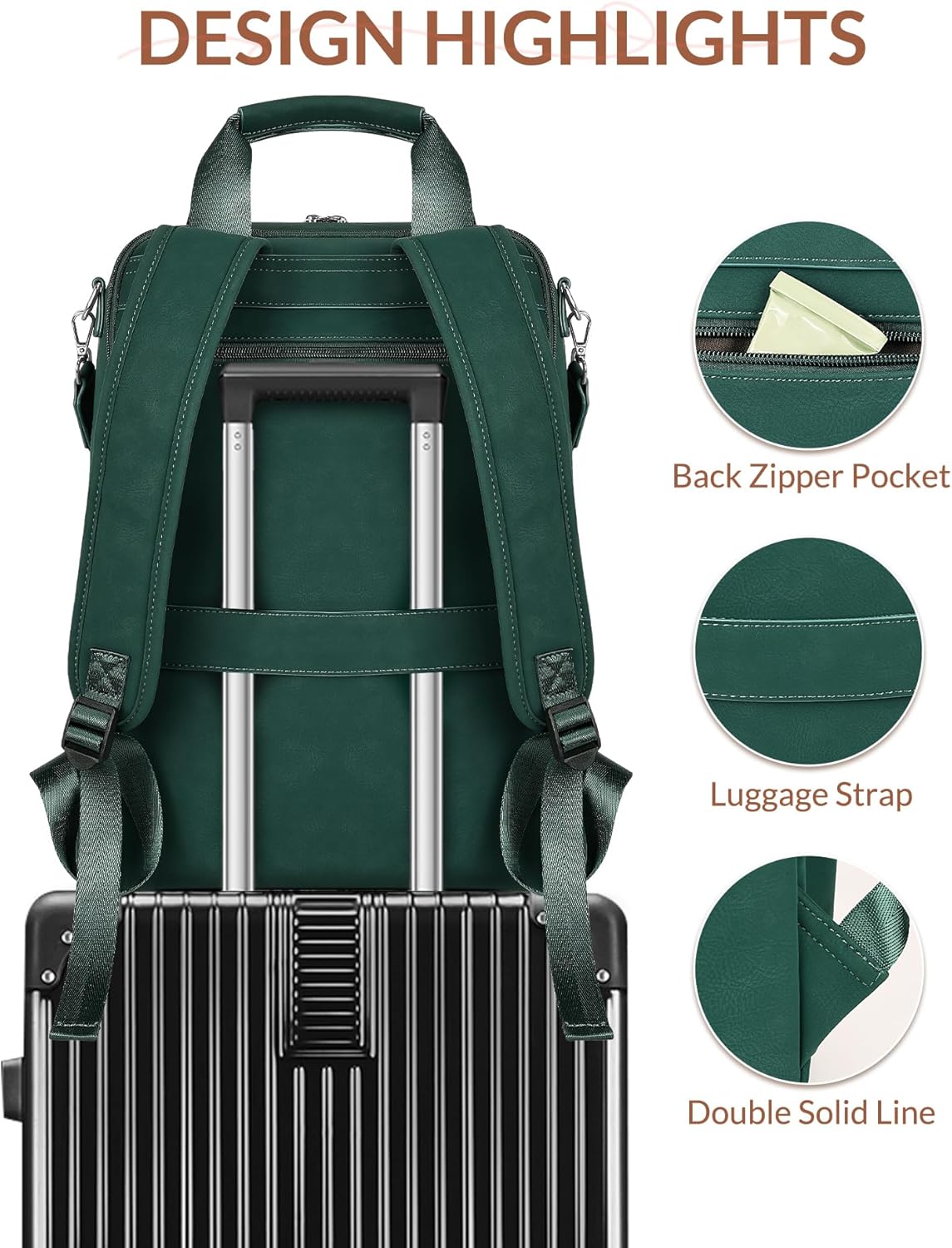 Leather Laptop Backpack 15.6 Inch Womens Laptop Bag, 3 IN 1 Computer Bag Handbag with Colorful Shoulder Bag Strap for Work Travel College Green - Image 8