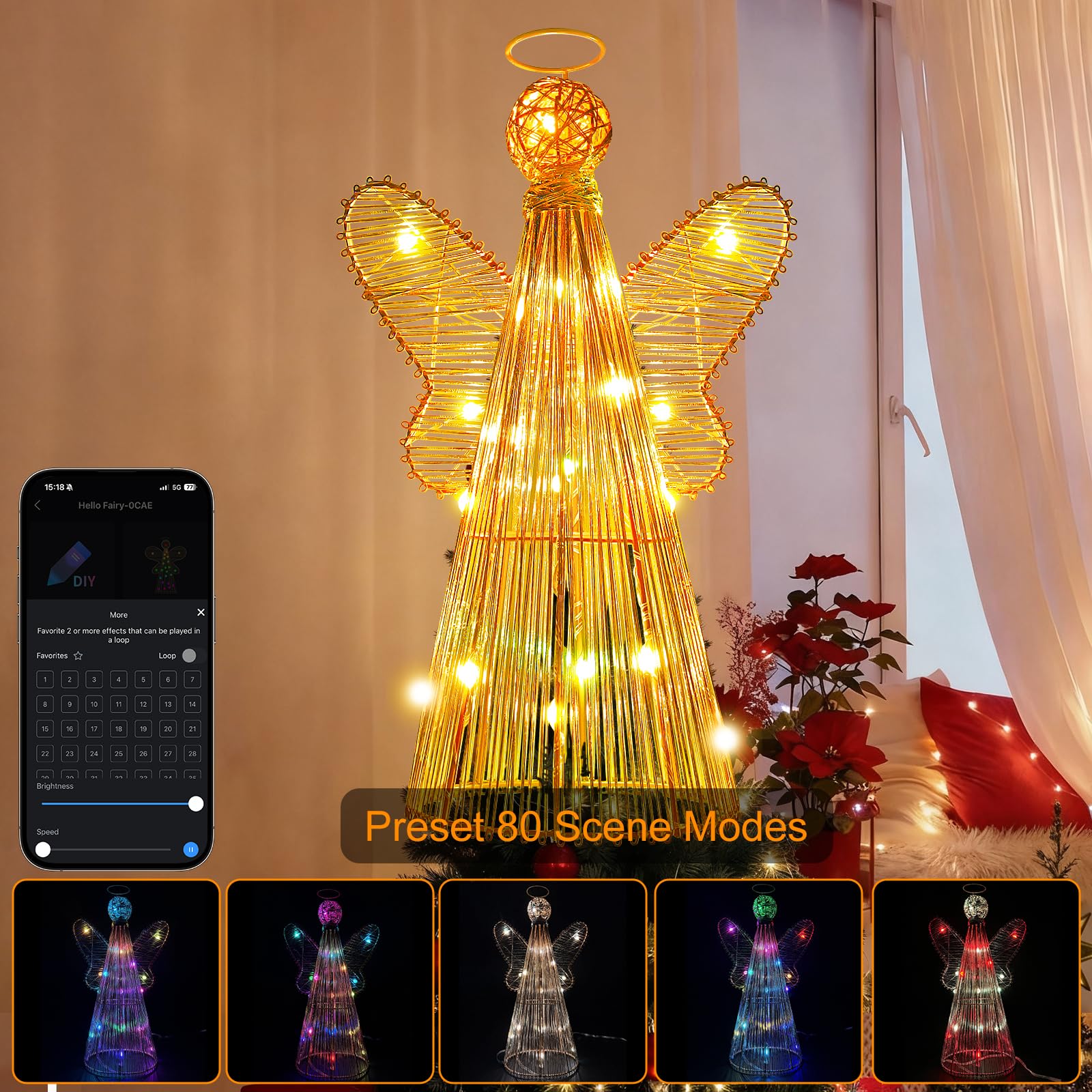 Estrella inteligente para árbol de Navidad, decoración de árbol de ángel de 12 pulgadas, 80 modos de iluminación, flash multicolor / sólido, aplicación y control remoto, sincronización de música
