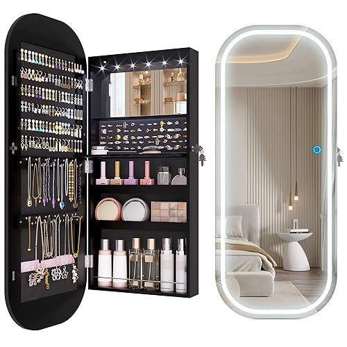 LVSOMT 16" Wide LED Mirror Jewelry Cabinet, Wall Mount/Over the Door Jewelry Armoire Organizer, Rounded Hanging Full Length Lighted Mirror with Storage, Foldable Shelf, Interior Mirror, Black - LED-Black