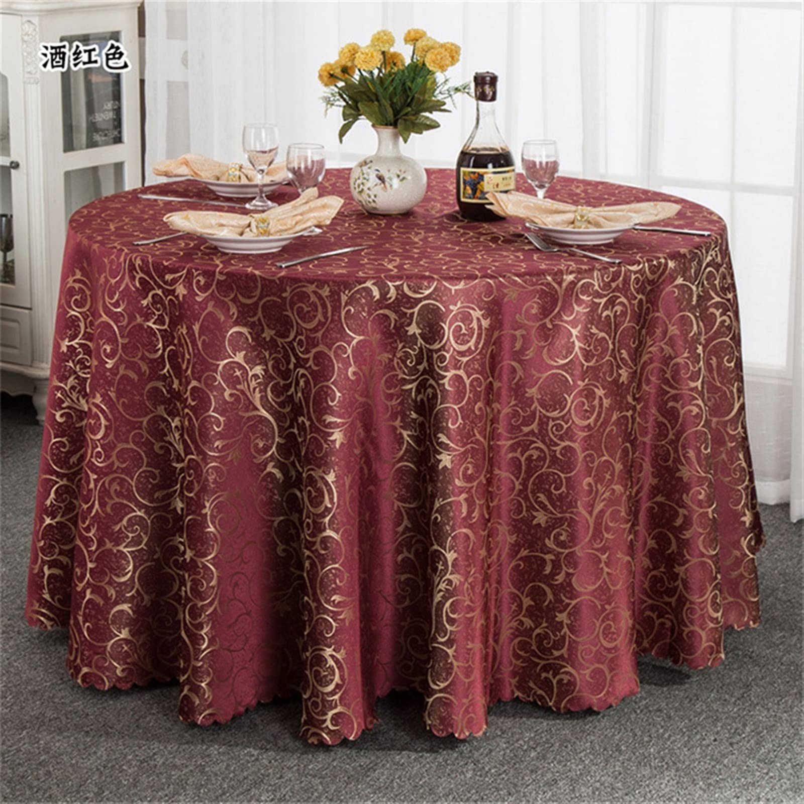 Elegant And Luxurious Luxury Red Round Hotel Dining Tablecloth Square Golden Floral Wedding Table Skirt Cover Decoration Banquets Restaurant Dining Table Cloth Color : D, Size : 340cm (E 320cm round