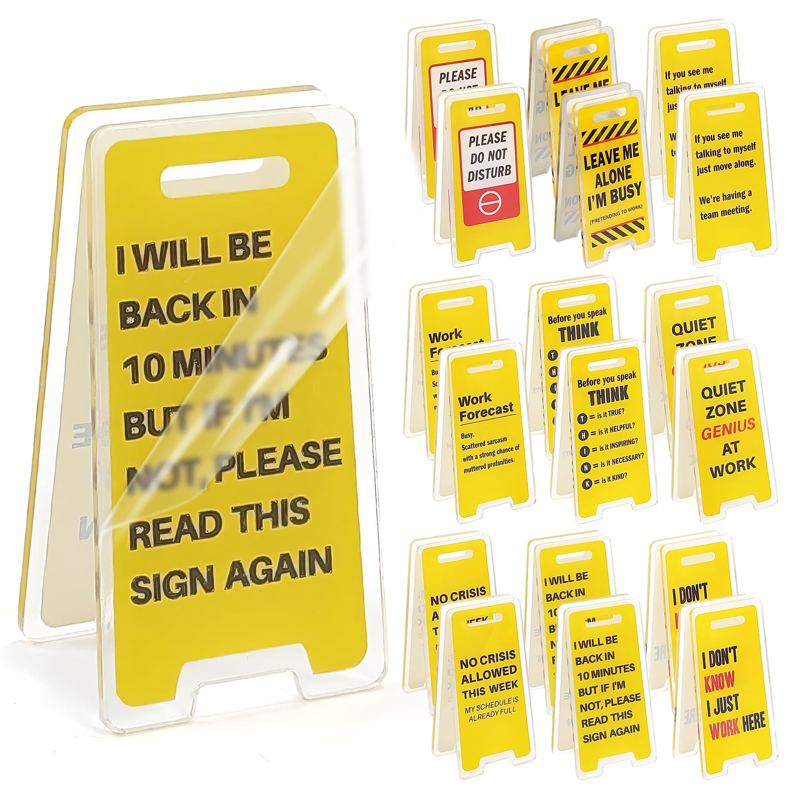 Funny Office Desk Signs 18 Pack – Mini Acrylic Message Holders, Desk Decor & Gag Gifts for Coworkers, Boss & White Elephant
