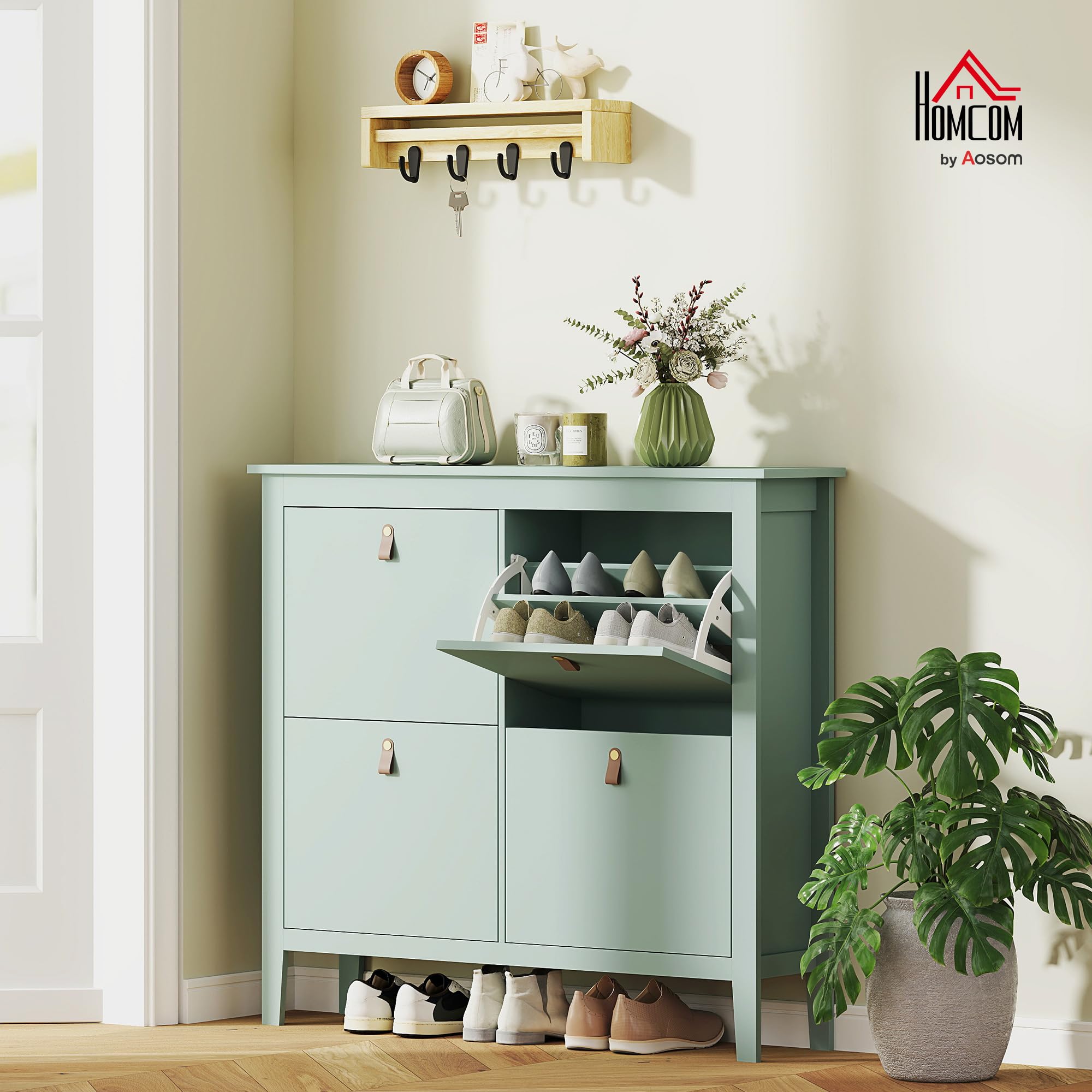 HOMCOM Scarpiera Salvaspazio Slim con 4 Ante a Ribalta, Scarpiera Ingresso con Ripiani Regolabili, Piano Superiore e Base Rialzata, Porta Scarpe per 20 Paia in Legno con Maniglia, 105x24x95.5cm, Verde