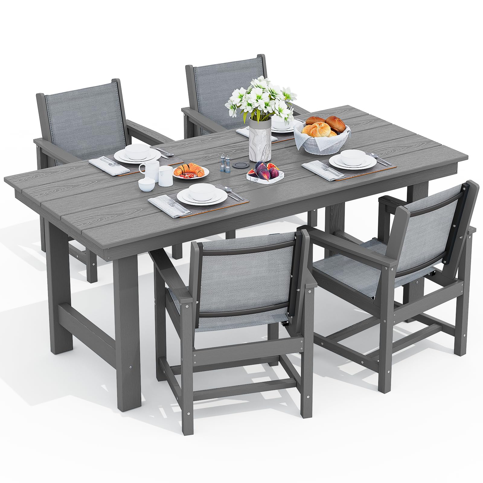 SERWALL 5 Piece Patio Dining Sets, Outdoor HDPE Dining Furniture Set with Umbrella Hole Cut-Out Table and 4 Woven Chairs, Gray