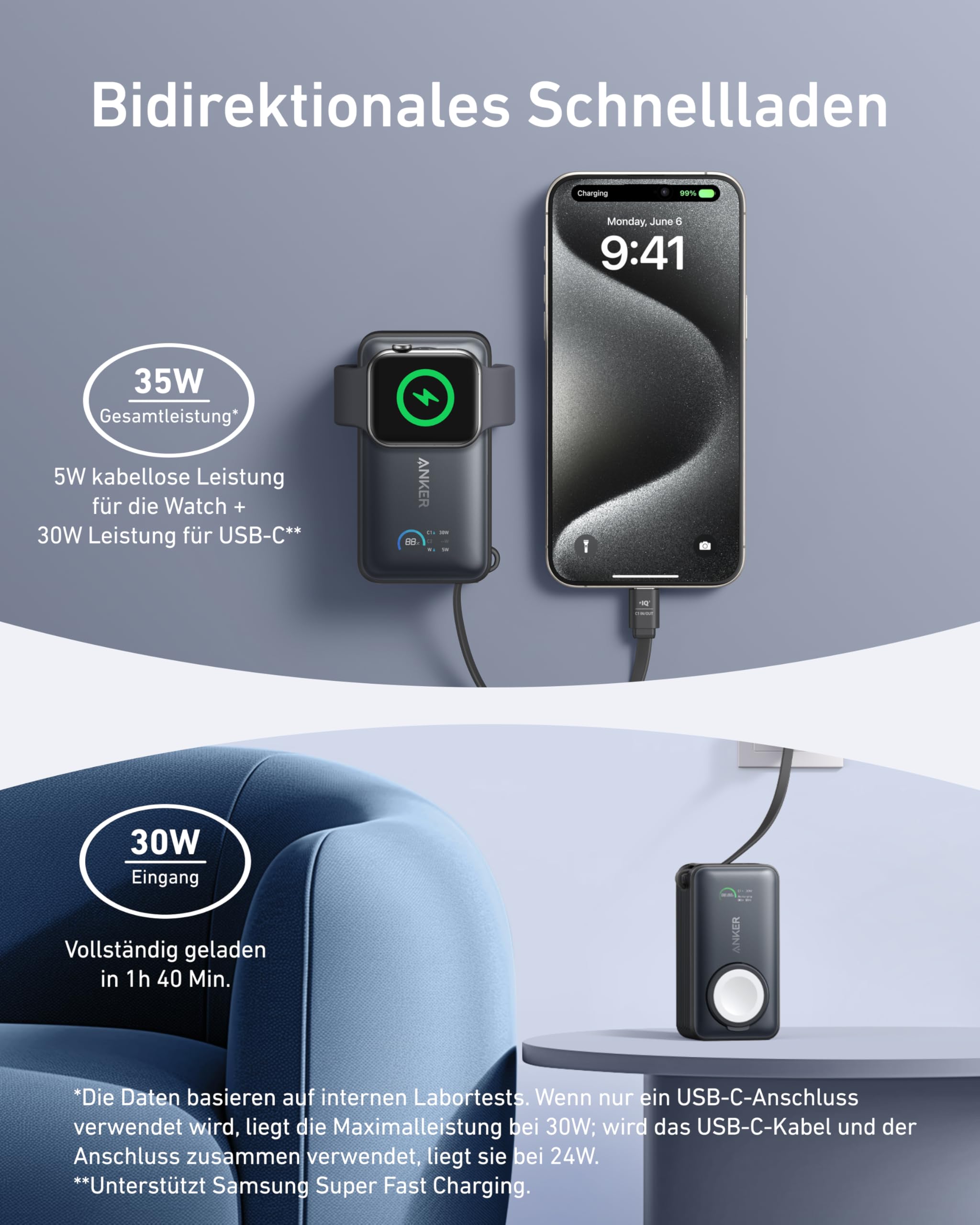 Anker MagGo Powerbank für Apple Watch, 10000mAh 35W Max, mit USB-C Kabel | Offiziell zertifiziert, für iPhone 17/16/15 Serie, Samsung, iPad, AirPods und mehr