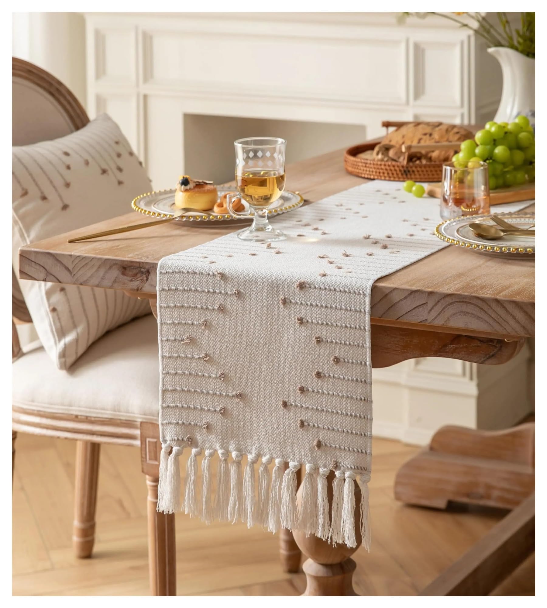Runner Da Tavola Runner da tavolo in cotone naturale intrecciato con nappe Decorazione for pranzo moderno for decorazioni in fattoria(Light green,33x224cm)