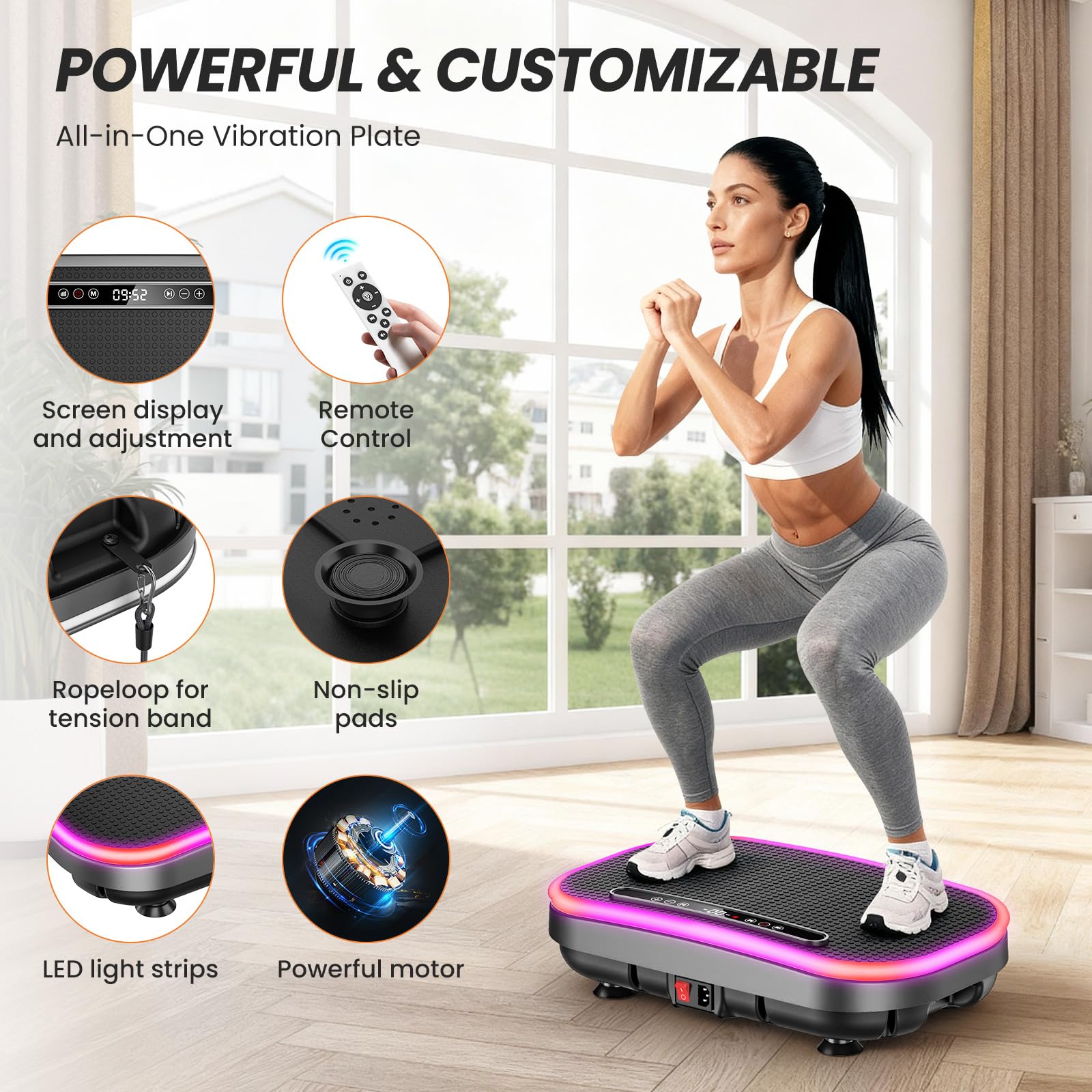 Plateforme Vibrante, Plateforme Vibrante Perte de Poids, 9 Modes Réglables, 1-120 Niveaux D’Intensité, Haut-Parleur Bluetooth Intégré, Télécommande, Écran LED, Capacité de Charge 150 kg