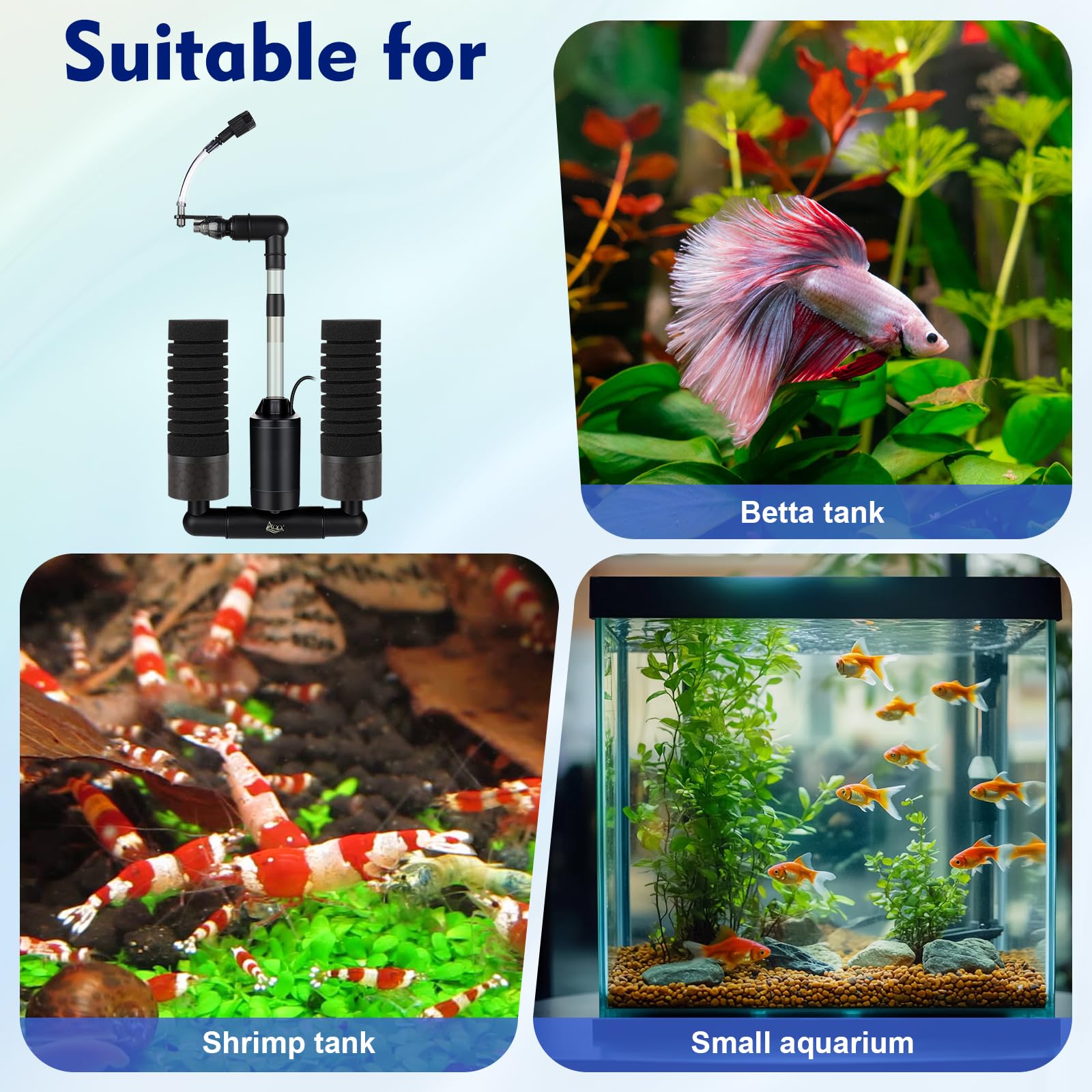AQQA Electric Sponge Filter for Aquarium – Quiet USB Powered Breeding & Shrimp Filter with Bio Ceramic Media, Adjustable Air Intake & 360&deg; Rotatable Outflow (110V Adapter Included) (S) - image 8