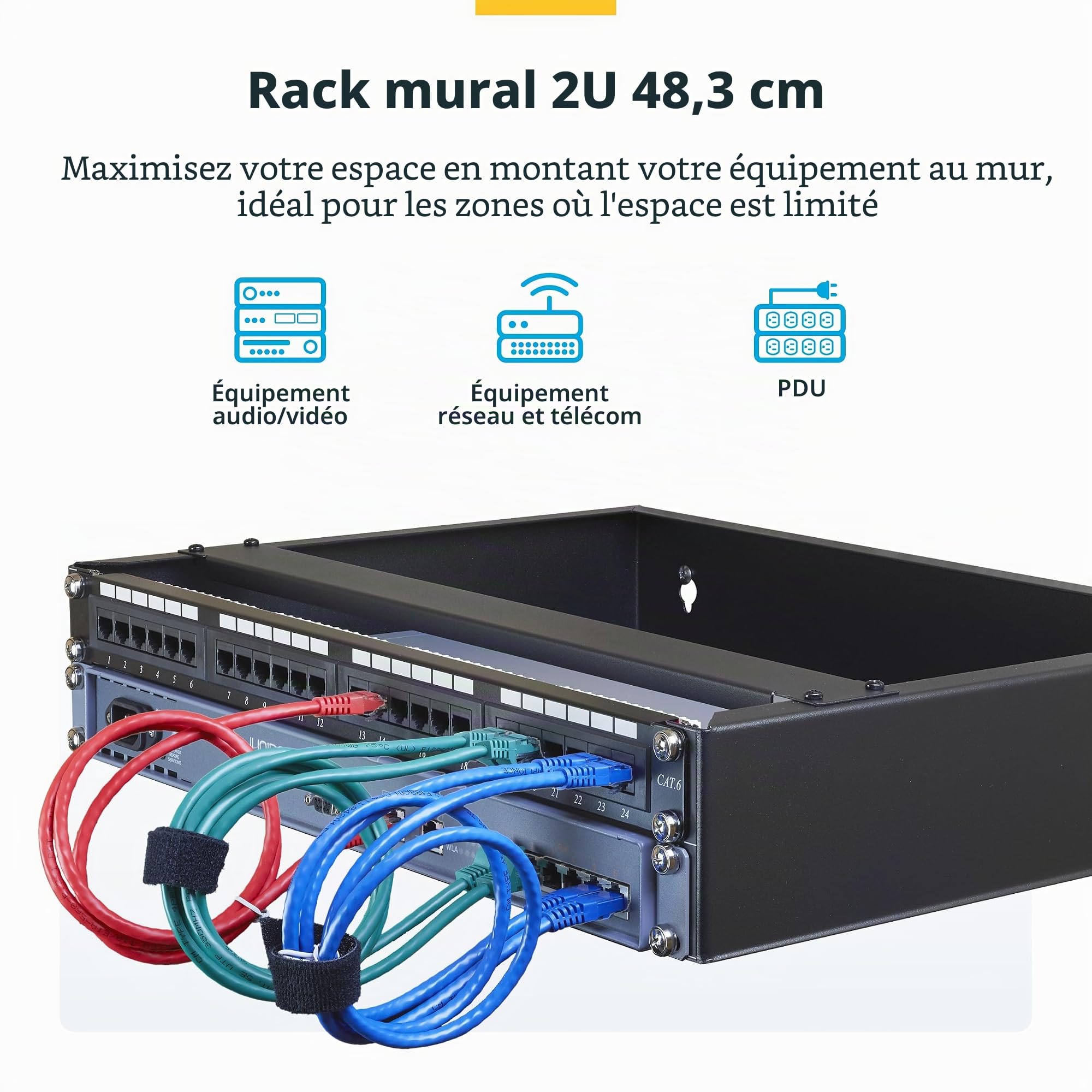 StarTech Rack Mural 2U 19", Profil Bas, 36cm, 35kg (RACK-2U-14-BRACKET) | Réseau, Baie de brassage, Support étagère, Serveur, Équipement informatique/réseau, Mini baie, Noir