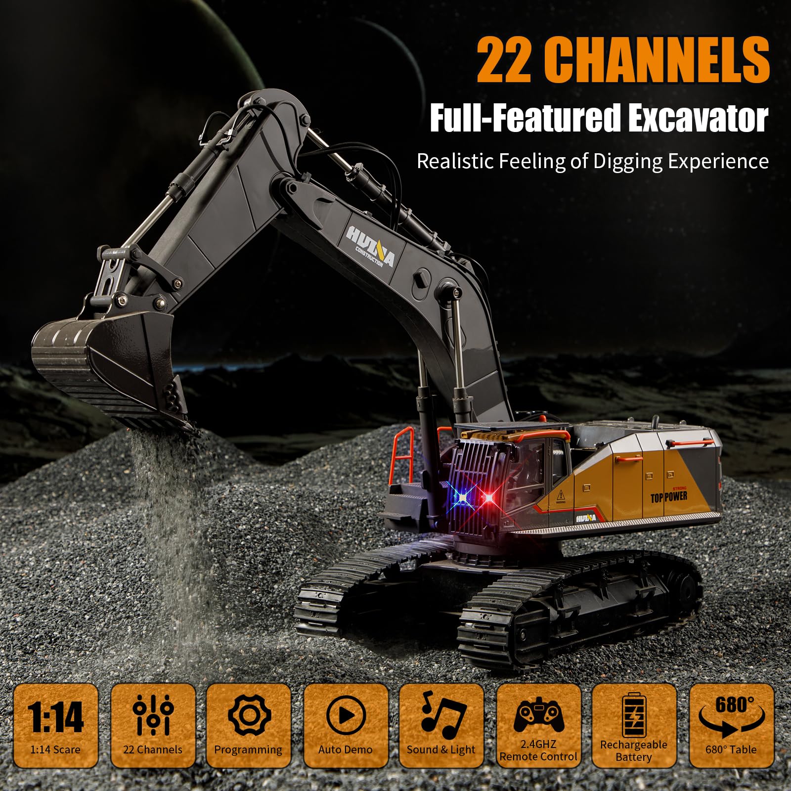 Ssccgym 20.4 Inch 22 Channels Remote Control Excavator Truck 2-Batteries 1/14 Scale Metal Shovel Independent Arms RC Digging Machine Metal Alloy Construction Vehicles Toy for Boys Kids 8y+ 12y+