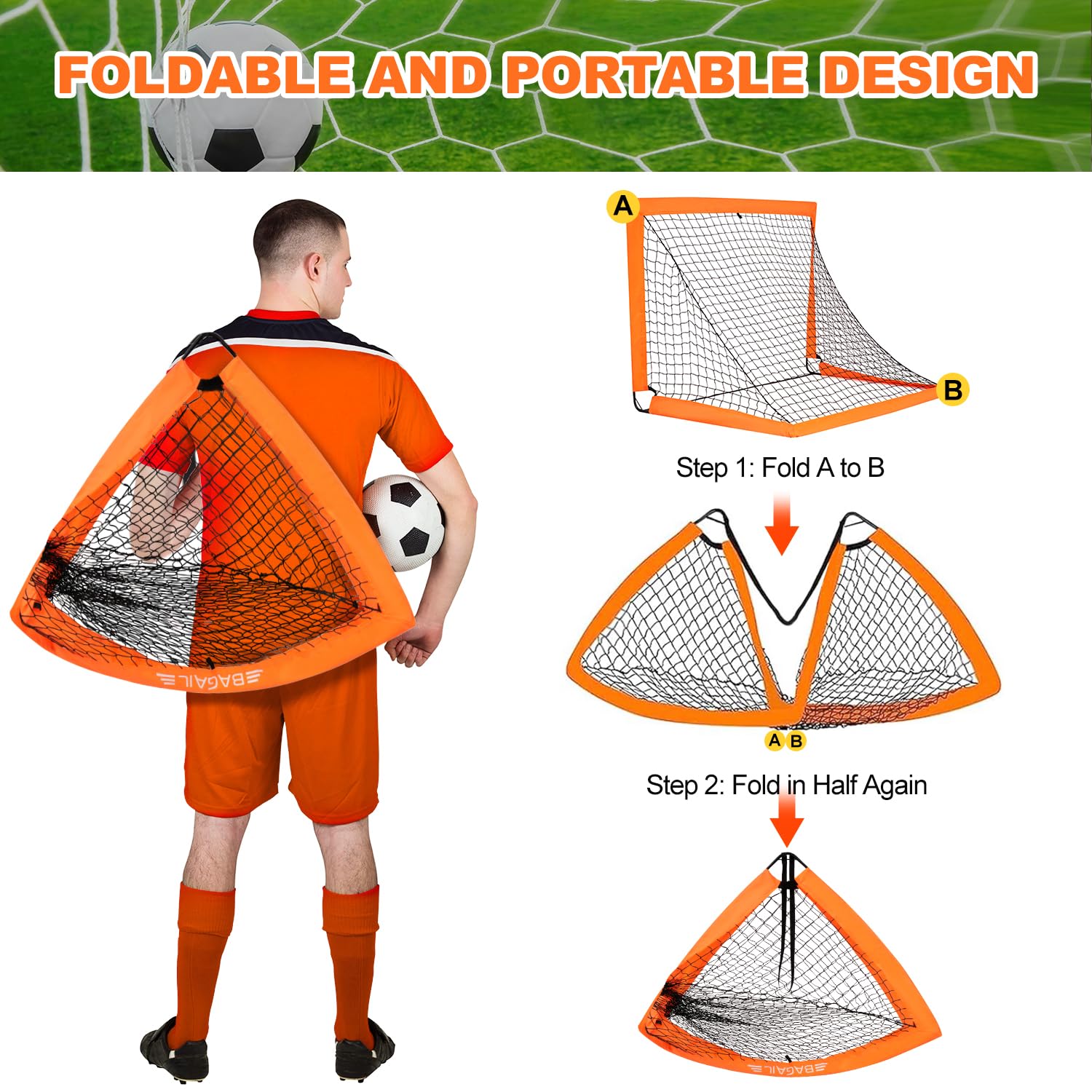 BAGAIL Portería de fútbol, Red de fútbol desplegable con portería, piquetas y Bolsa de Transporte portátil, fácil de Montar, Ideal para Entrenamiento en el jardín y Partidos recreativos.