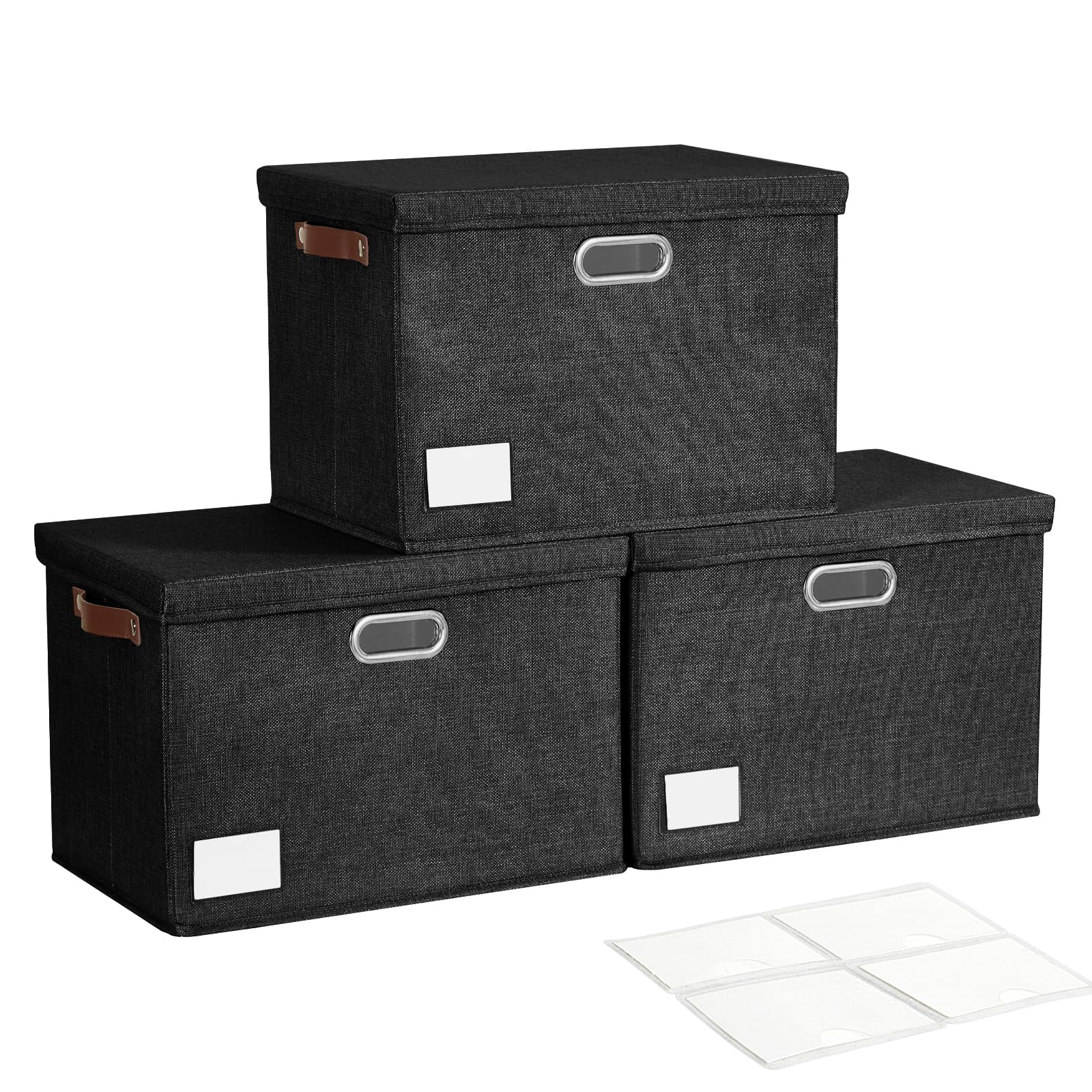 Roobyl 17" Large Collapsible Storage Bins with Lids, Stackable Closet Organizers with PU Handle and Labels, 3-Pack Decorative Fabric Storage Boxes for